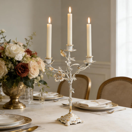 Vintage 3-Arm Metal Candelabra, Distressed White Gold Leaf & Floral Design Candle Holder, 14.37" Tall Tabletop Candlestick Stand for Wedding, Dining Table & Home Decor