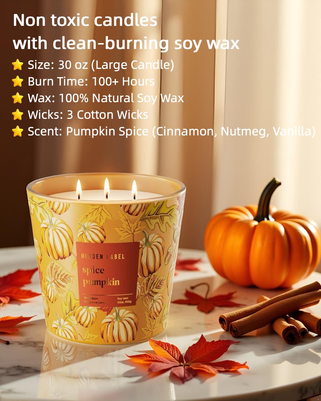 Hidden Label Pumpkin Spice Fall Candles, 3 Wick Large Scented Candle for Home, 30oz Natural Soy Candles for Home Scented,100 Hour Burn Time, Long Lasting Highly Scented Luxury Candle Gift
