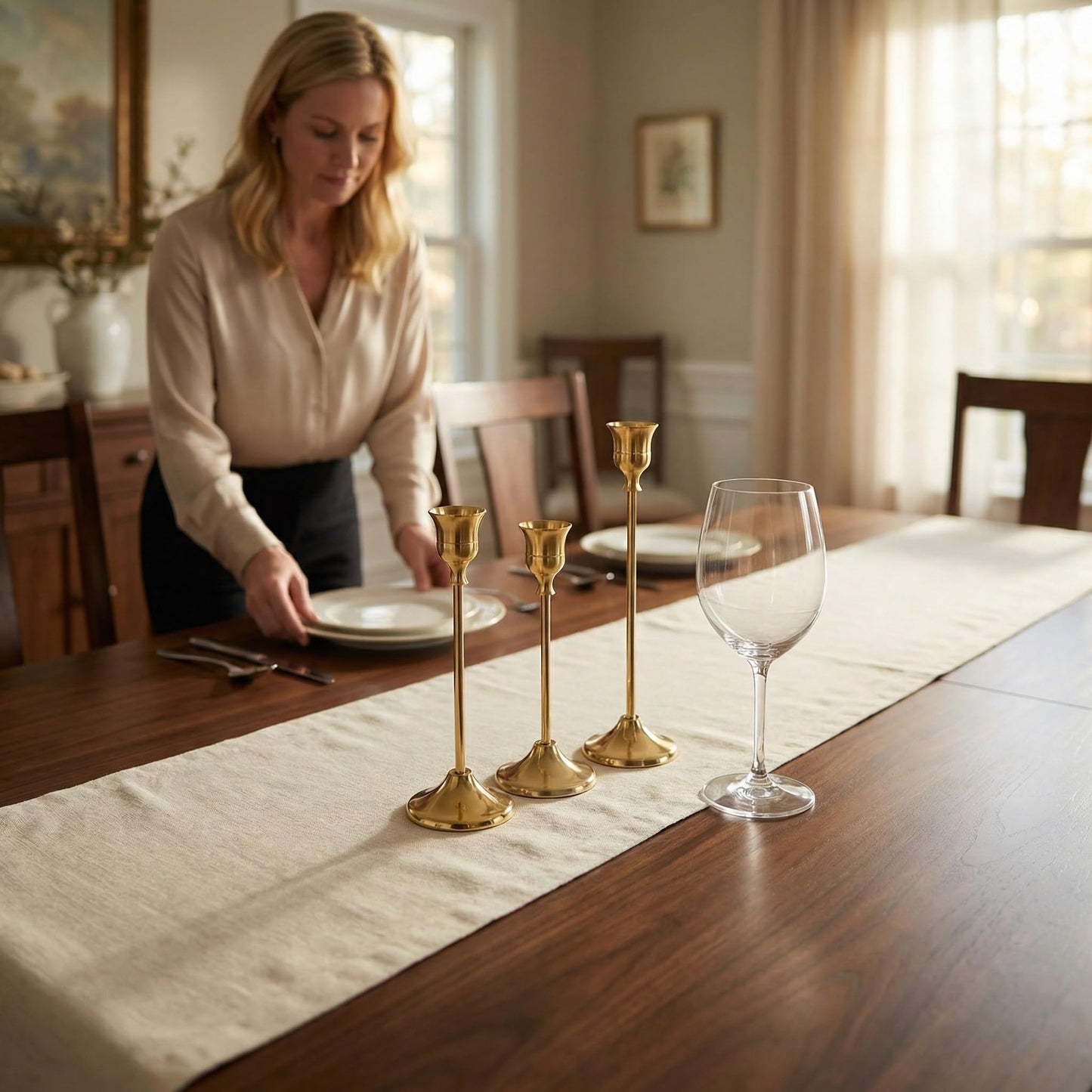 Set of 3 Brass Tapered Candle Holder,Candlestick Tall Metal Candlestick Holders for Table Centerpiece Home Decor for Wedding Fireplace Mantel Housewarming Gift Fits 3/4 Inch Thick Candles