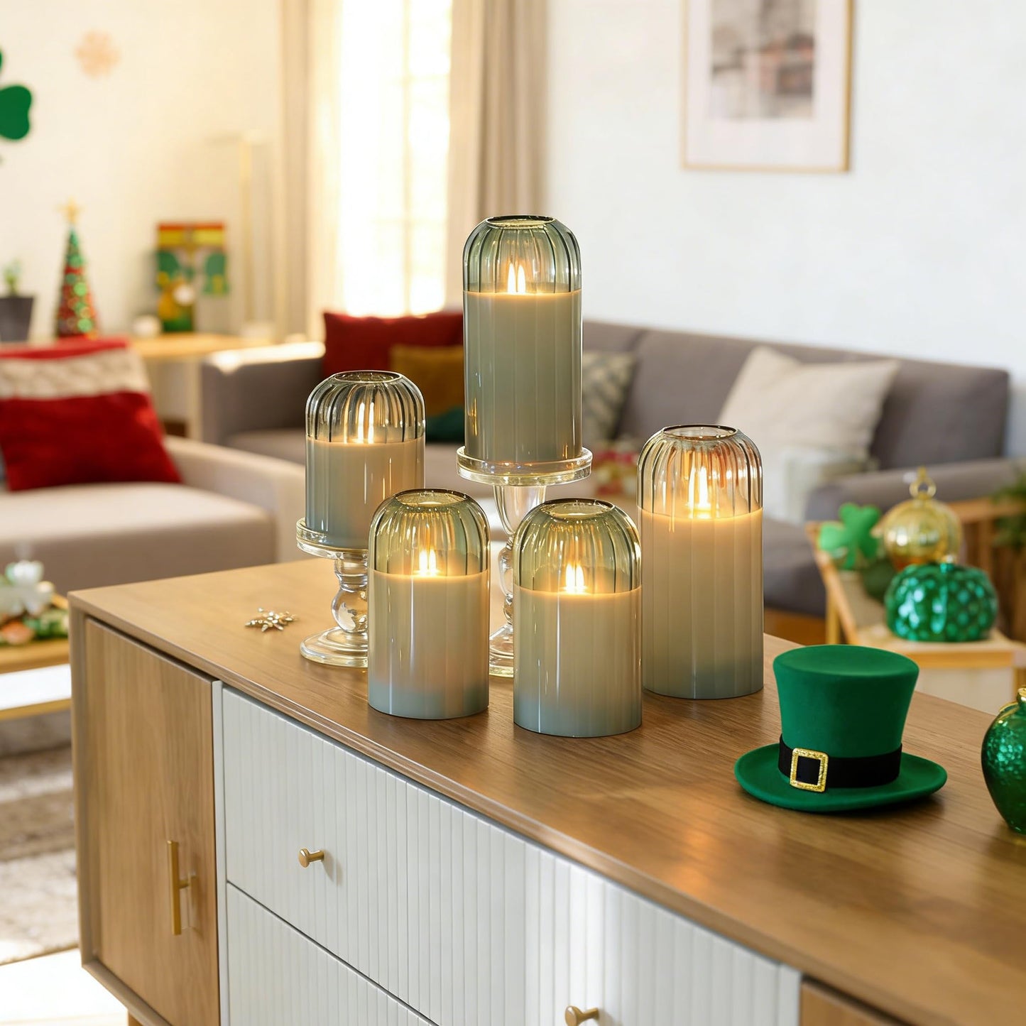 MUMCHASI Green Flameless Battery Operated Candles with Remote, Set of 5 Glass Jar LED Candles with Dancing Flame, Flickering Electric Candlelight for Home Wedding Party Decor H4”5”5”6" 6”