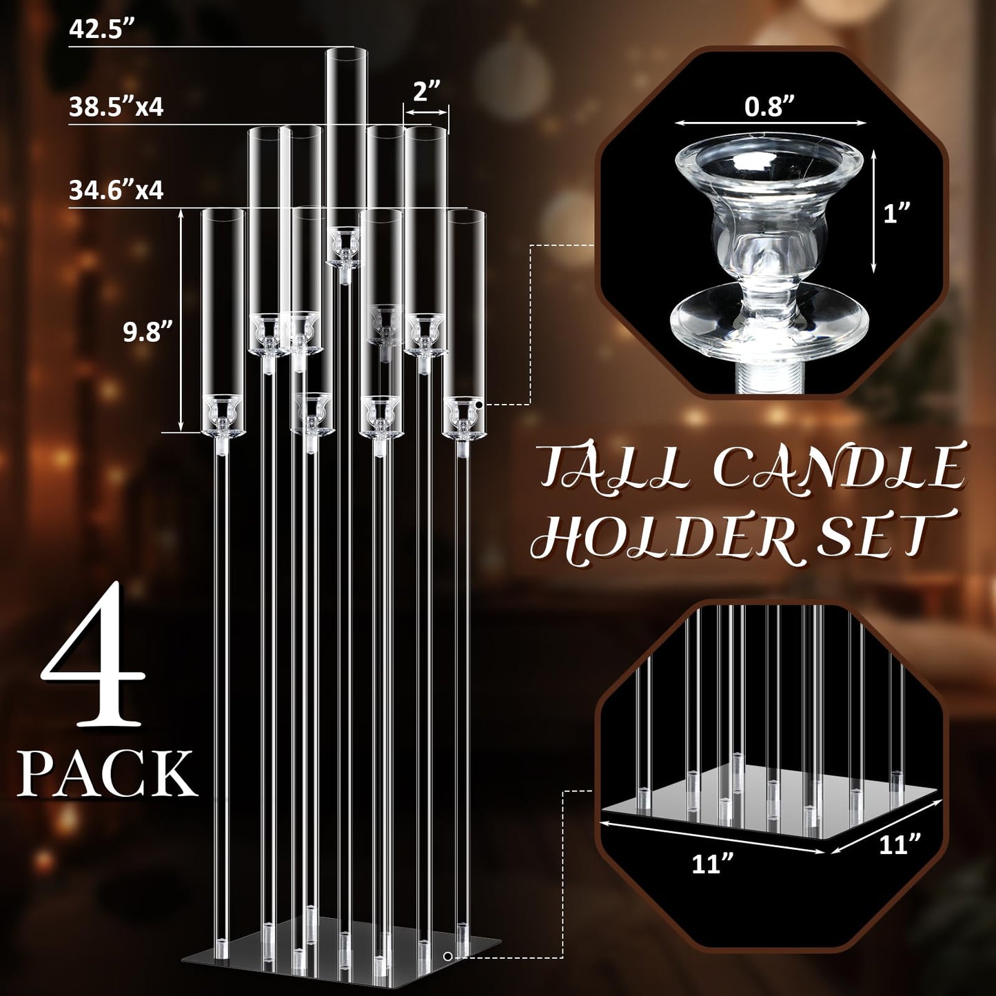 Tessco 4 Set 9 Arm Acrylic Candelabra Candle Holder 42.5'' Clear Candelabra Centerpieces for Wedding, Candlesticks Holder with Lampshade Metel Mirror Base for Wedding Christmas Dinner Party Decor
