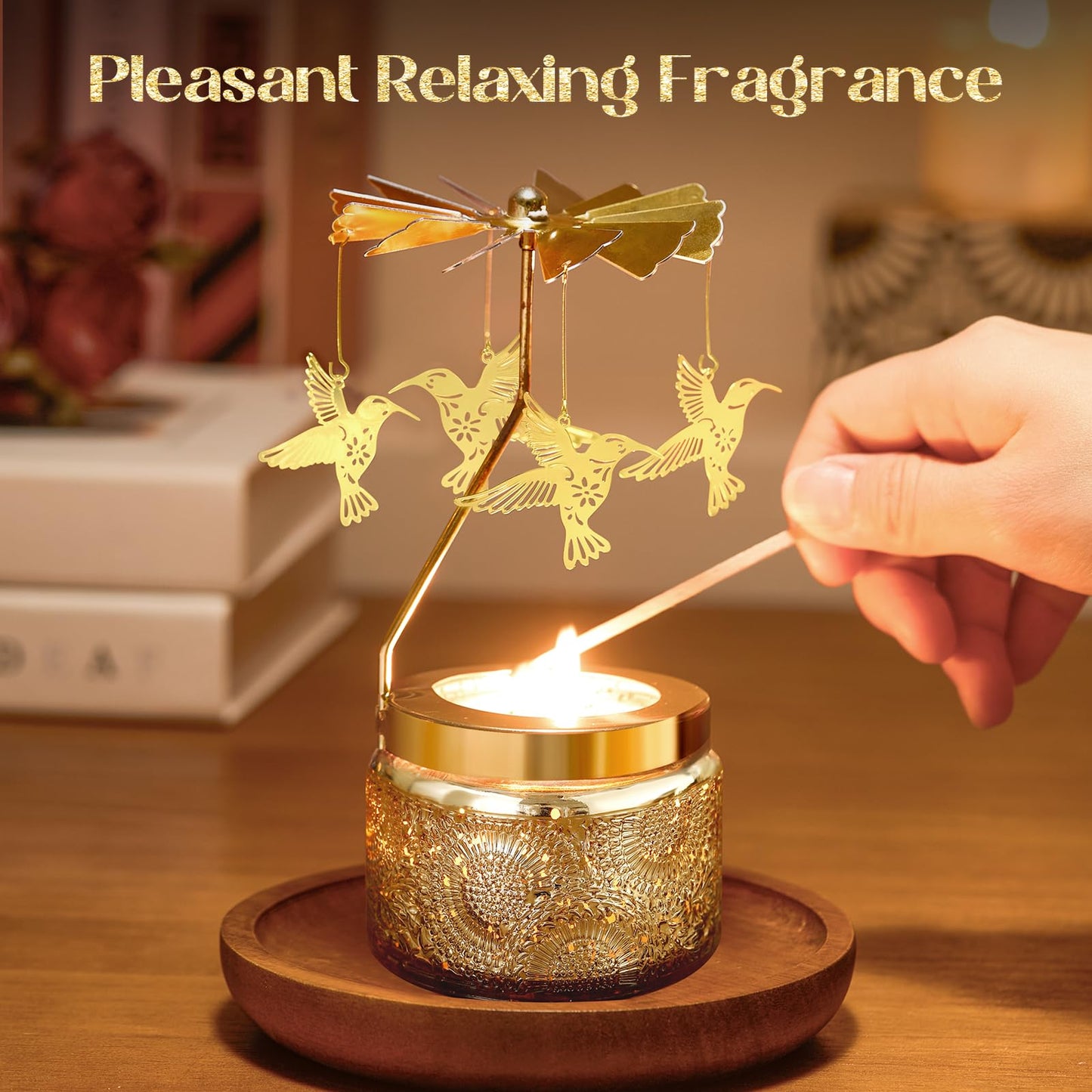 Hummingbird Rotating Scented Candle, Elegant Glass Jar Perfect for Romantic Dinners, Cozy Living Rooms or Relaxing Baths, Thoughtful Gift for Wife, Girlfriend or Friends with Rose Scent