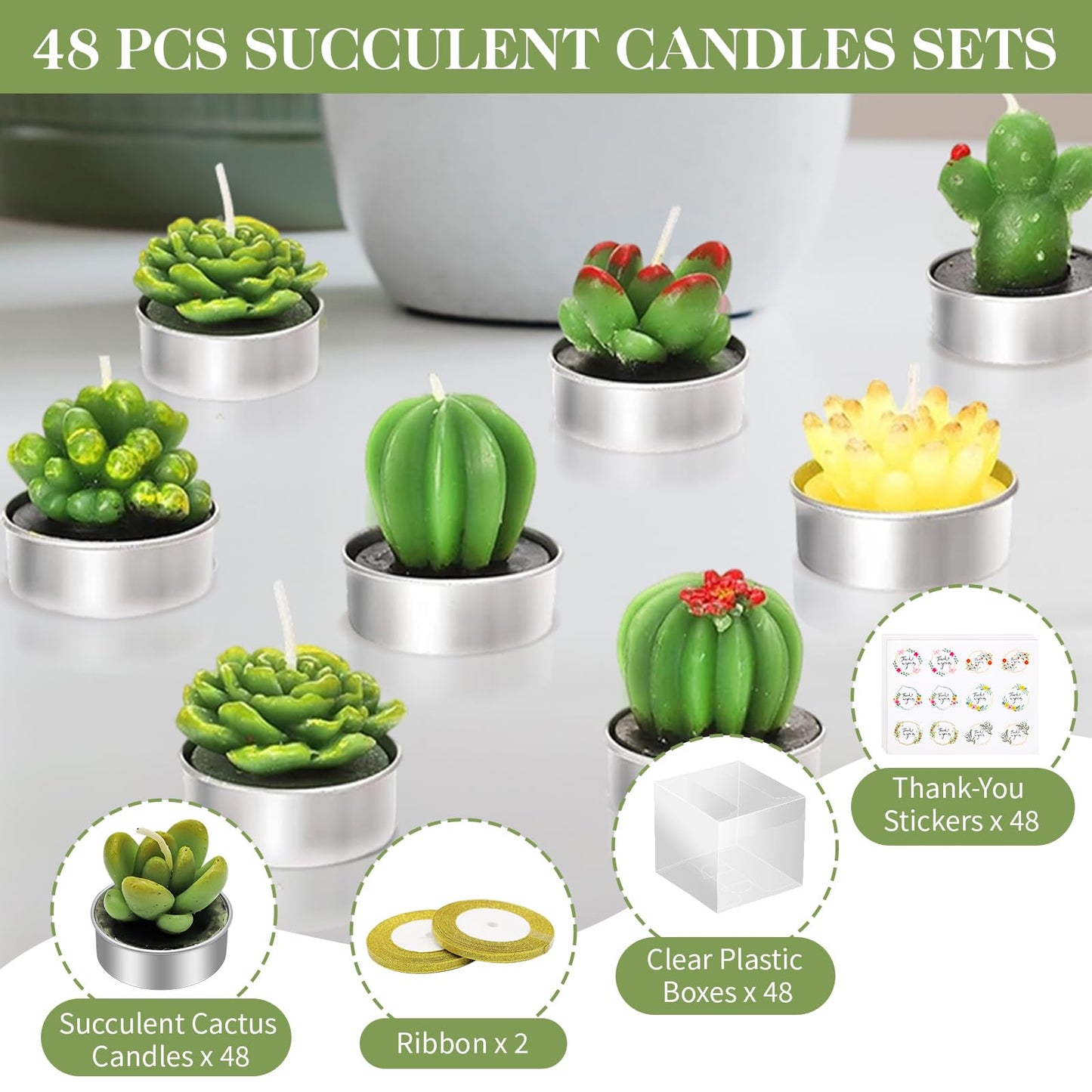 AZEAM 48 Pcs Succulent Candles Party Favors, Bulk Cactus Table Decor for Guests, Mini Tiny Handmade Plant Tealights Candle Decoration Set for Shower Prizes Game Bridal Wedding Home Birthday