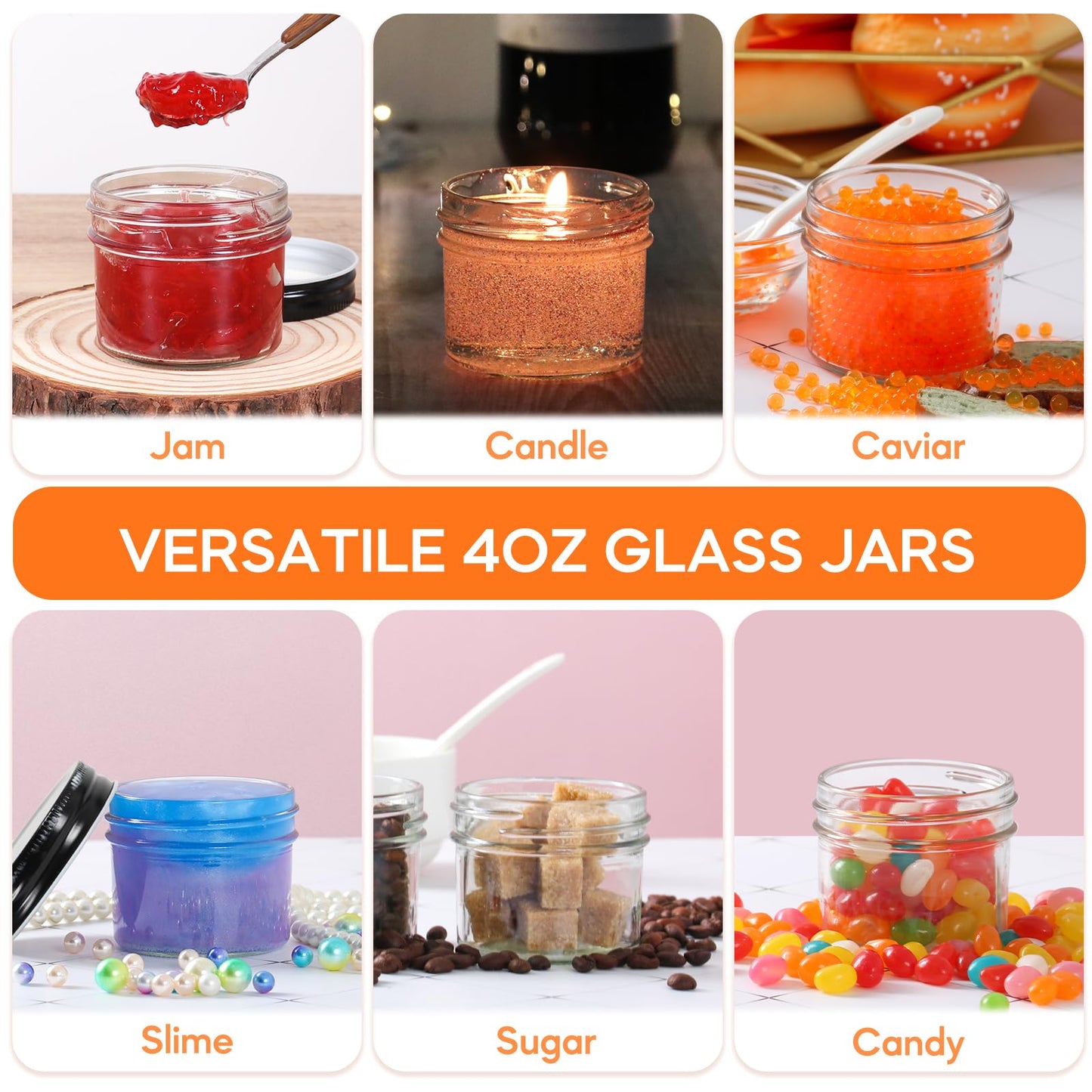 Jaisie.W 4 oz Mini Glass Jars 40Pack - Small Mason Jars with Lids & Stickers for Food Storage, Candle Making, Pantry Organizers - Black Lids