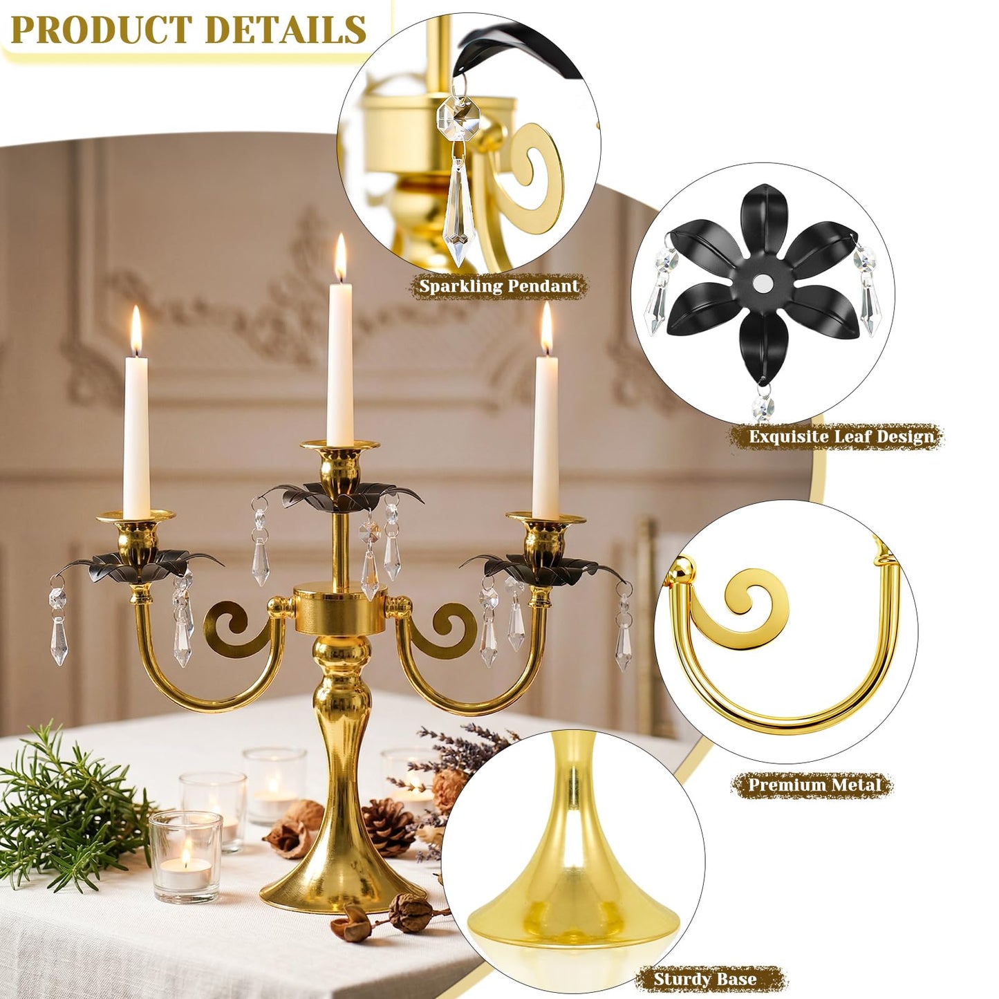 2 Pcs 3 Arm Black and Gold Metal Candelabra with Crystal Pendants - 11.8 Inch Tall Candle Holders, Elegant Taper Candlestick Stand for Wedding, Dining Table, Christmas Party Home Decoration