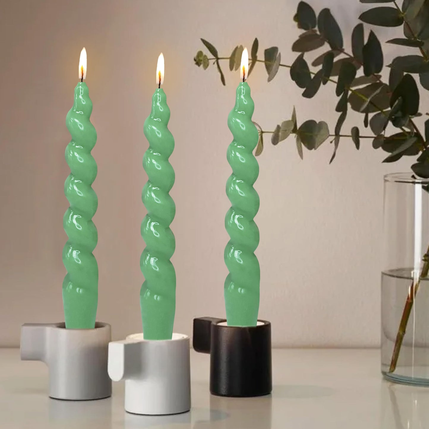 7.5 Inches Spiral Taper Candles Sage Green Twisted Candle Dripless Unscented Short Candles, Handmade Candlesticks for Wedding Dinner Decor, Set of 4