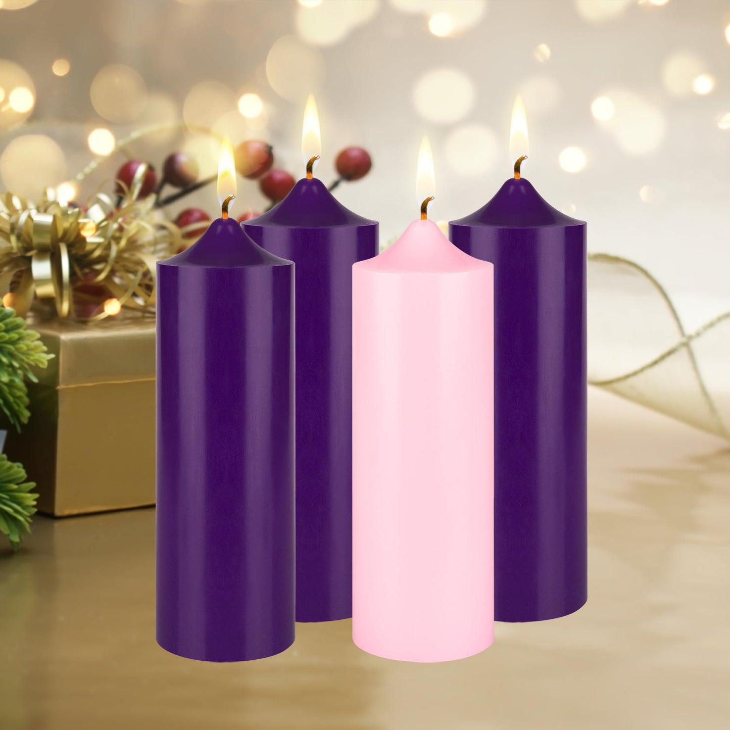 Mega Candles 4 pcs Unscented Christmas Advent Candles Set, Hand Poured Premium Wax Bell Top Round Pillar Candle 3 Inch x 9 Inch, Holidays, Festivities, Devotional, Church, Wreath, Party, Gifts