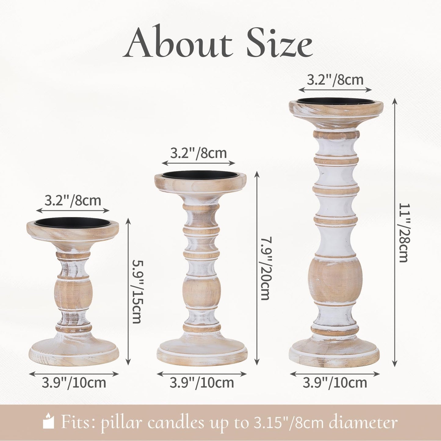 Wood Candle Holders for Pillar Candles - Tall Rustic Candle Holder (Set of 3), Large Farmhouse Candle Holders Candle Stand, Pillar Candle Holder Set for Table Centerpiece, Fireplace, Home, White