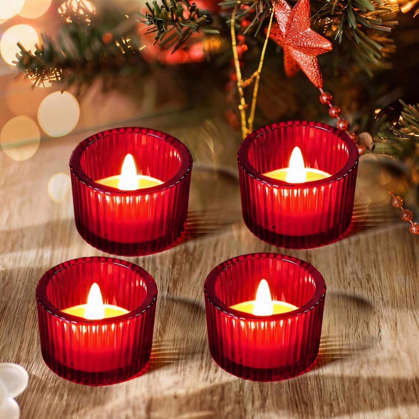 JOYIT Red Votive Candle Holders Bulk Set of 4, Tealight Candle Holder for Wedding Table Centerpiece, Glass Small Candle Holders for Birthday Party, Valentine's Day, Home Decor (2''X 1.4'')