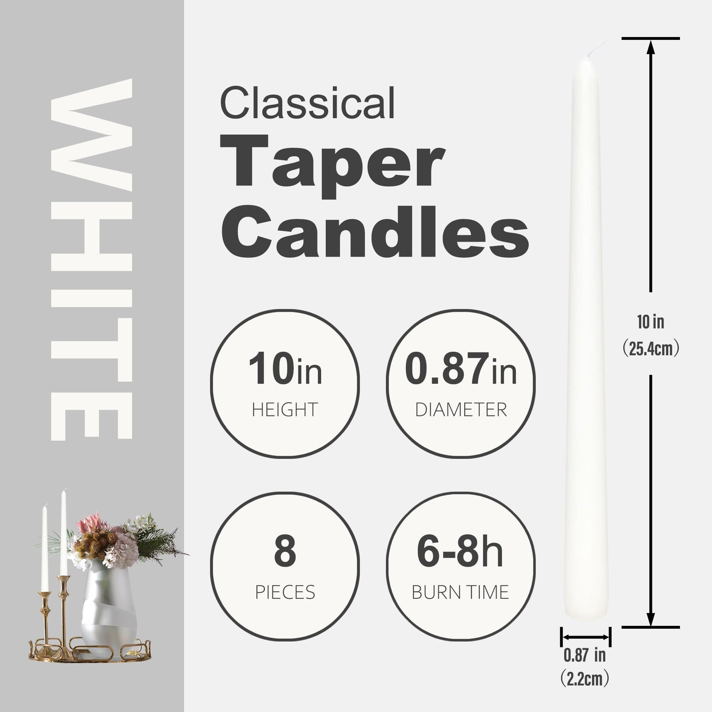 8 Pack 10 Inch White Christmas Candlesticks Long Burning Time and Dripless Taper Candles for Dinner Home Decor Wedding Shower