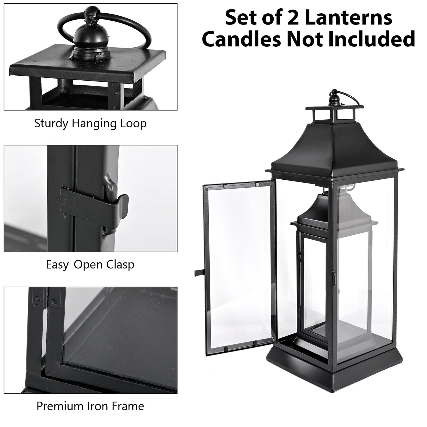 SwallowLiving Black Outdoor Lanterns Set of 2, 19.5" & 13.3" Farmhouse Large Metal Decorative Candle Lanterns with Tempered Glass for Patio, Fireplace, Table Centerpiece & Indoor Decor (No Candle)