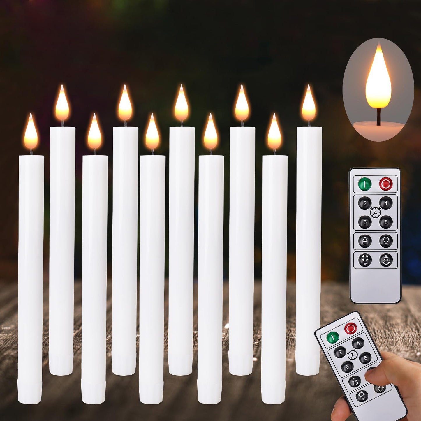 SunFunUSA LED Flameless Taper Candles with Remote Timer Battery Operated-9.6 Inches Flickering Window Candle Lights Realistic Warm Amber Light Best Gift for Xmas Wedding Home Dinner Decor Set of 10