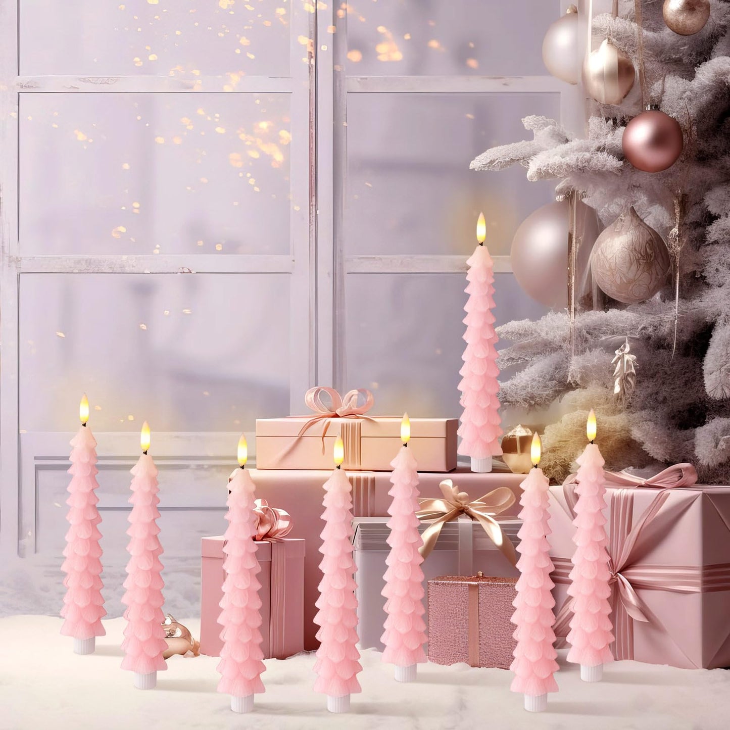 Tujoe 2 Pcs Pink Christmas Tree Flameless Taper Candles with Remote Xmas LED Candlesticks Battery Operated Electric Candlelights 3D Flickering Flame for Holiday Winter Party Table Centerpiece Decor