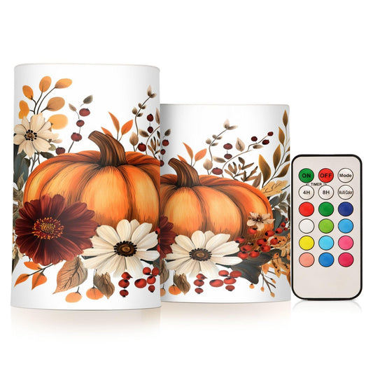 ALAZA Thanksgiving Pumpkin Fall Autumn Flickering Flameless Candles Battery Operated with Remote Timer,Tea Light Candles LED Pillar Votive Candles Set of 2 for Outdoor Indoor Decorations