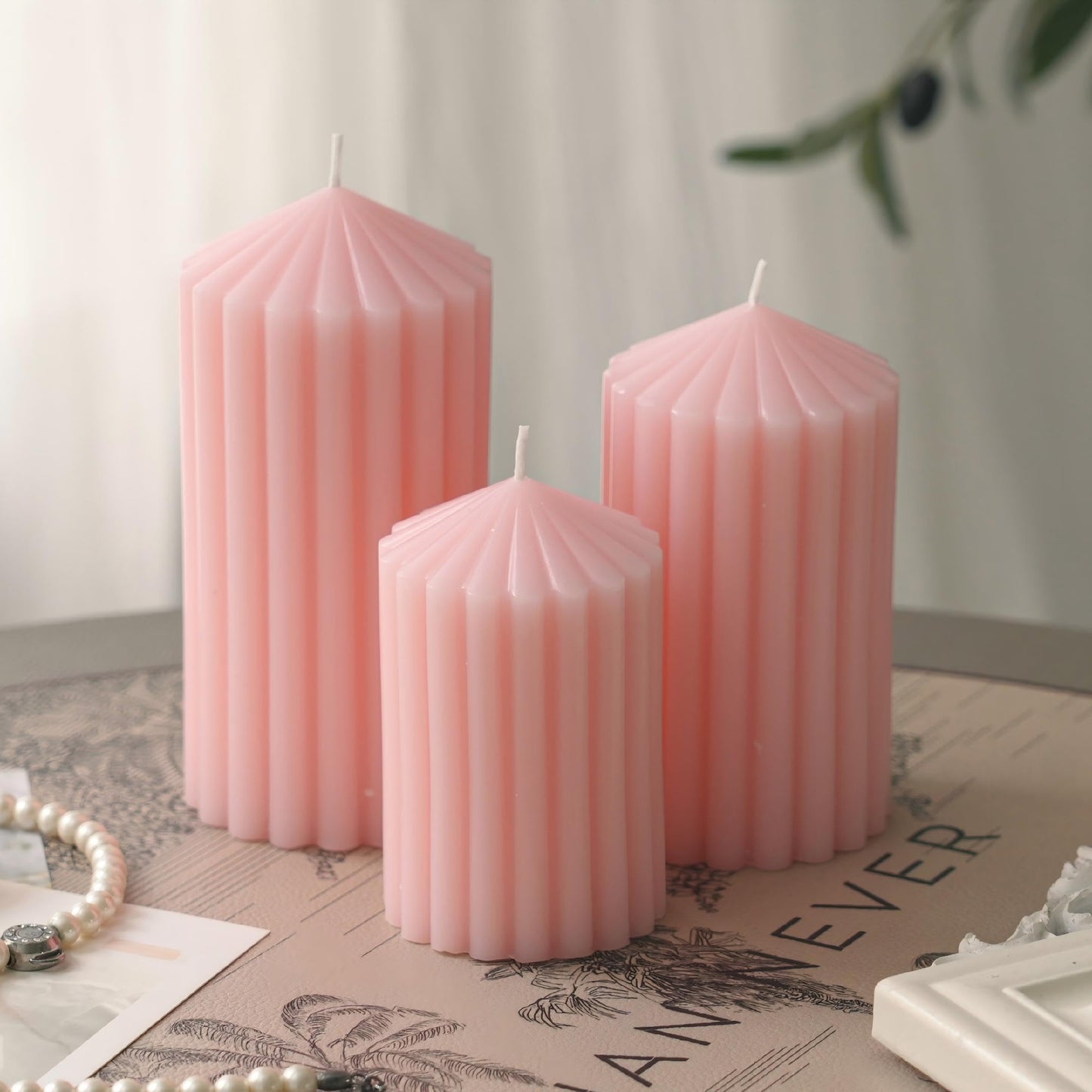 3 Pack Pink Ribbed Pillar Candles - Soy Wax Unscented Candles, 2.76x4.2/4.9/5.9 Inch Smokeless Non Toxic Cotton Wick, Perfect Spring Pillar Candles for Home Decor, Bathroom, Spa & Wedding