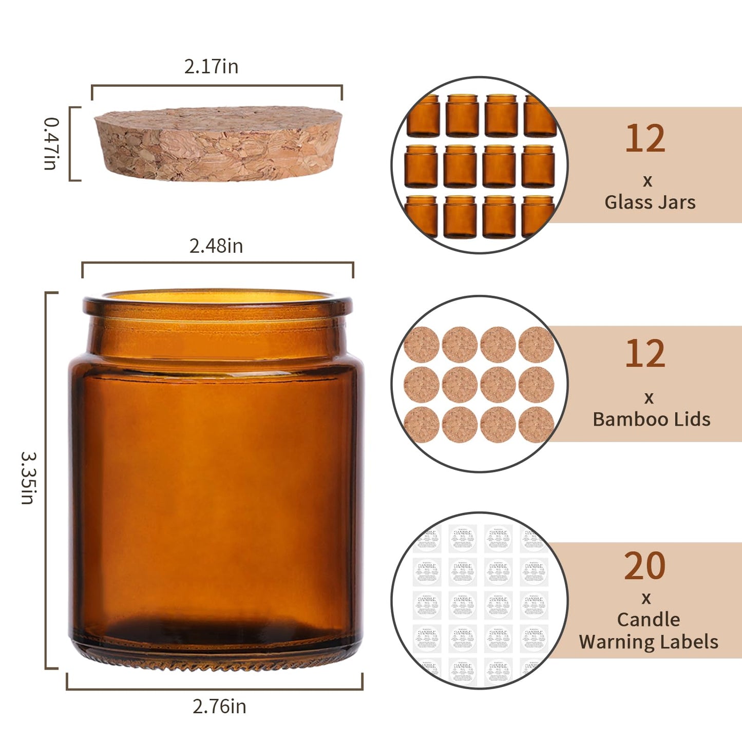 Lanttu 12 Pack Amber Candle Jars for Making Candles, 7.5oz Glass Jars with Wooden Lids and Labels, Candle Making Supplies Candle Containers for Home DIY, Gifts, Table Decor