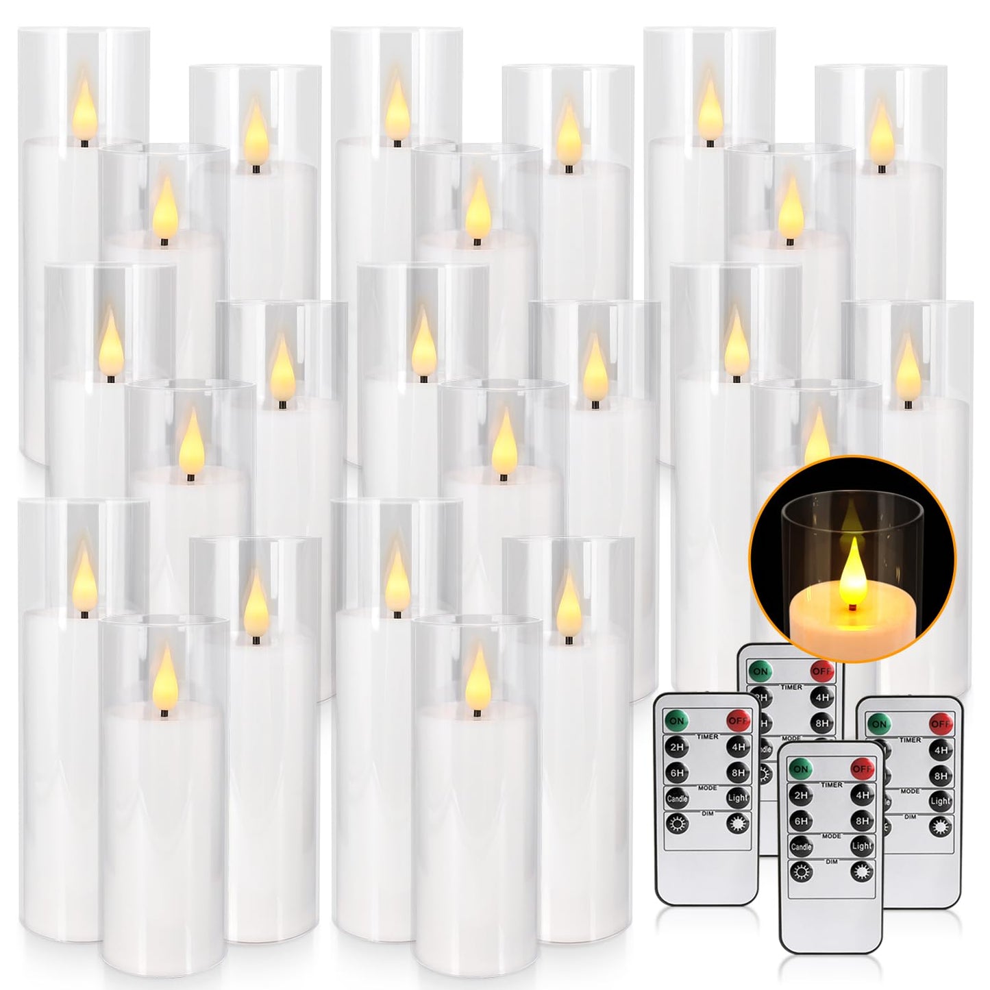 Flickering Flameless LED Candles, 24 Pcs Battery Operated Acrylic LED Pillar Candles with 4 Remote Controls & Timer Function - Safe for Home, Wedding, Outdoor Decor, Halloween, Christmas Party.