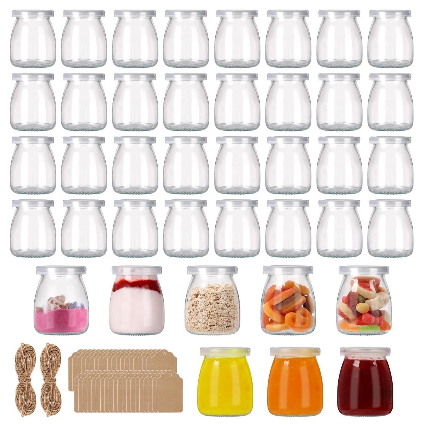 6.7 oz Glass Jars 40 Pack, Yogurt Jars with Leakproof PE Lids, Thick Durable Small Jars for Pudding, Jelly, Jam, Mousse, Spices, Candles - Reusable Glass Containers for Meal Prep, DIY Crafts