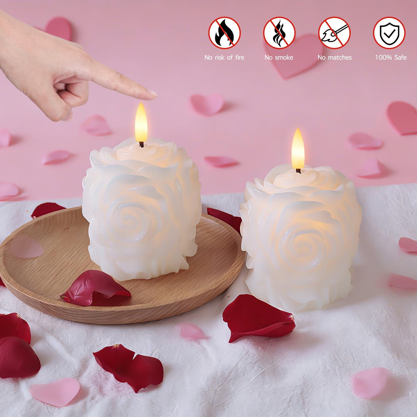 AFINETH Valentine Day Rose Flameless Candles with Remote and Timer, 2 Pack Flickering LED Candles for Proposal Wedding Anniversary Romantic Night, White