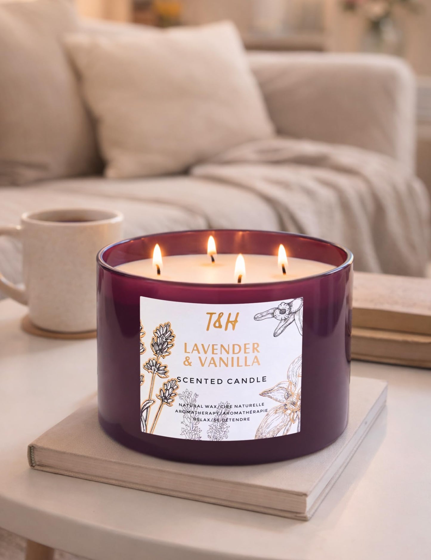 Lavender Vanilla Candle | 4 Wick Extra Large Scented Soy Candles 20 oz | Highly Scented Aromatherapy Lavender Candle for Women | Relaxing Stress Relief Home Scent | Long Lasting Clean Burn