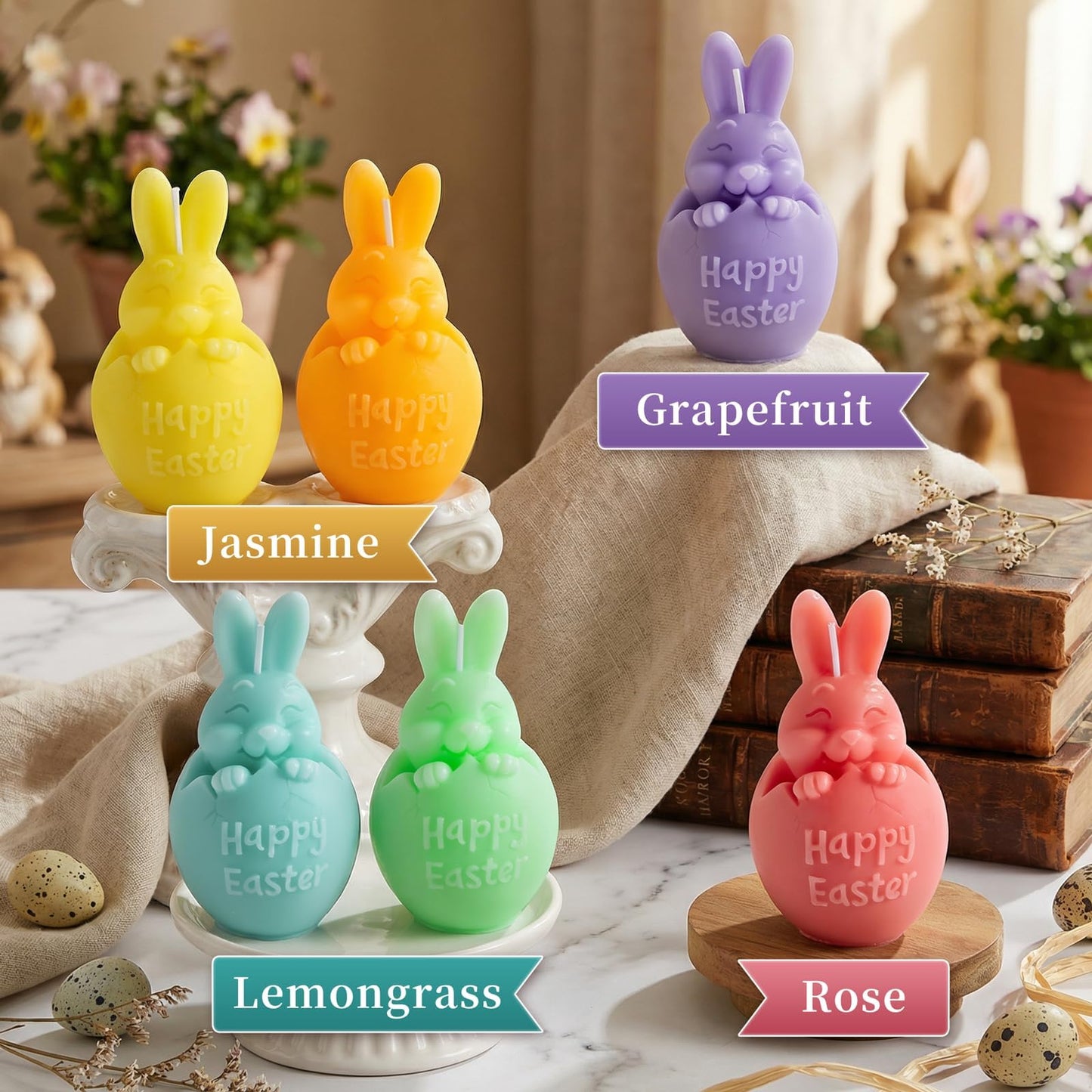 Lanpn 6 Pcs Easter Bunny Candles Gift Set, Mini Rabbit Shaped Votive Tea Lights, Easter Flower & Fruit Scented Candles, Each 4.4 oz, Spring Party Holiday Decor Home Table Centerpiece, Macaron Color