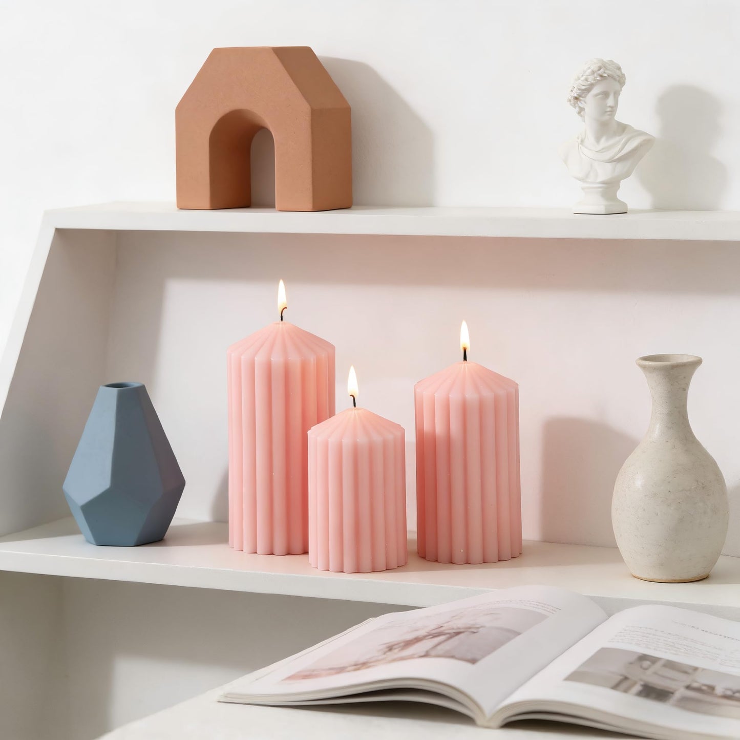 3 Pack Pink Ribbed Pillar Candles - Soy Wax Unscented Candles, 2.76x4.2/4.9/5.9 Inch Smokeless Non Toxic Cotton Wick, Perfect Spring Pillar Candles for Home Decor, Bathroom, Spa & Wedding