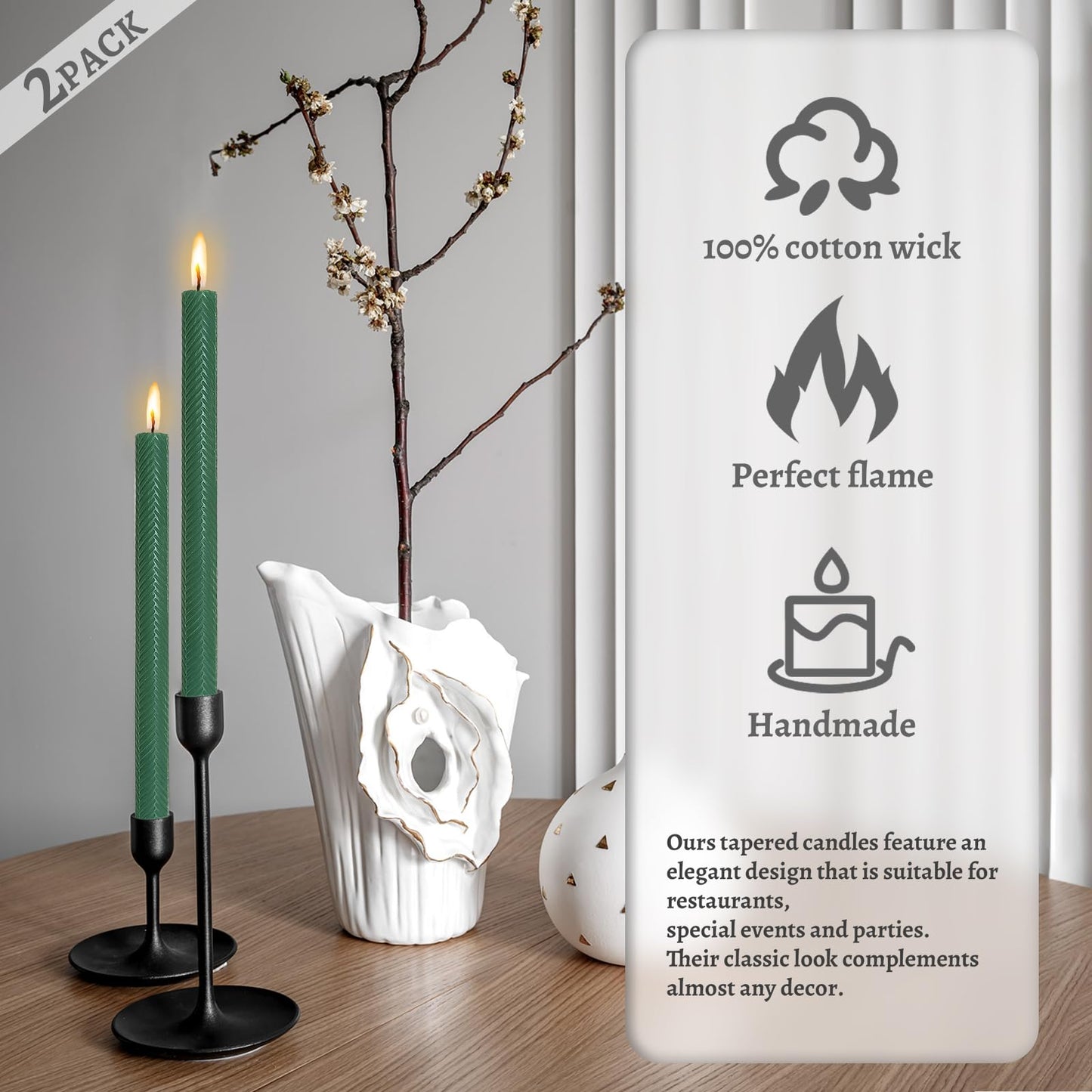 Unscented Long Spiral Taper Candle Handmade Dripless Dark Green 10 Inch Smokeless Tall Twisted Candlesticks Elegant Wave Design for Home Wedding Festive Décor