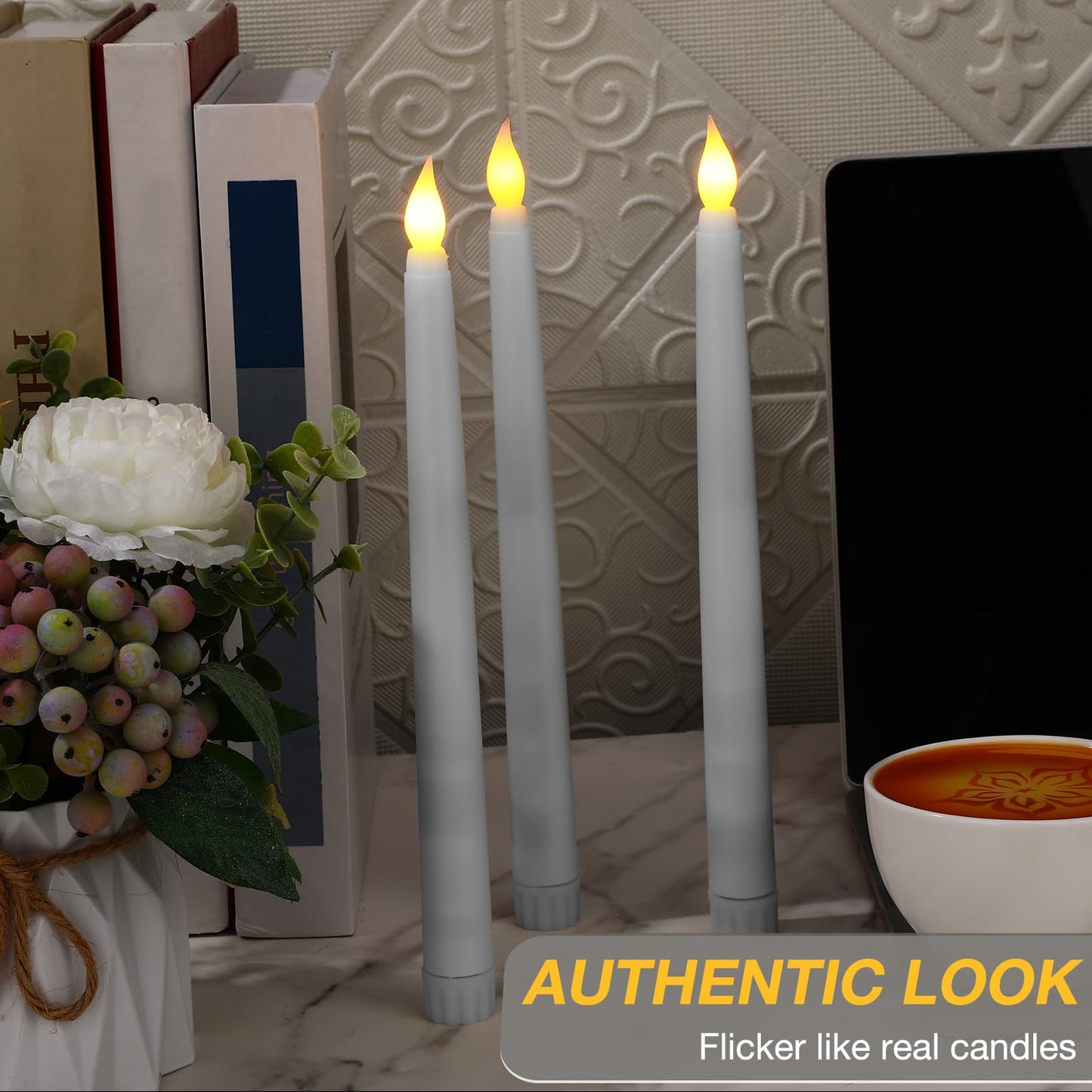 Tuanse 24 Pack Flameless Flicker Taper Candles Bulk with Remote and Timer, Battery Operated LED Warm White Taper Candles Light for Home Wedding Decoration Gifts (White,10 Inch)