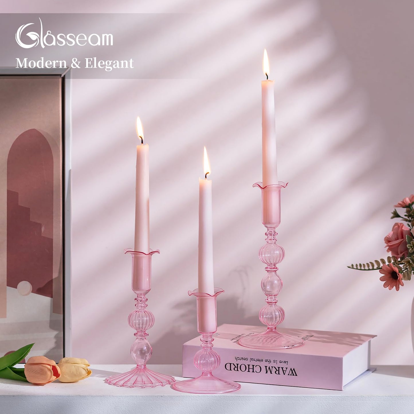 Glasseam Tapered Candlestick Holders Pink: Set of 3 Glass Candle Sticks Holder Decor with Bobeche Modern Ribbed Taper Candle Holders for Table Centerpiece Valentines Wedding Home Decorations