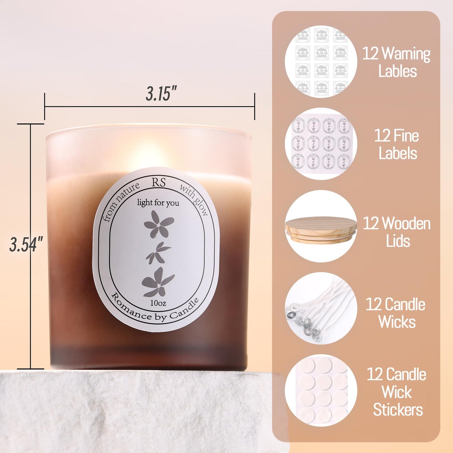 REISEN 12Pcs Gradient Amber Candle Jars for Making Candles, 10oz Glass Jars with Bamboo Lids, Candle Wick Kit and Sticky Warning Labels, Candle Containers Vessels for DIY Gifts