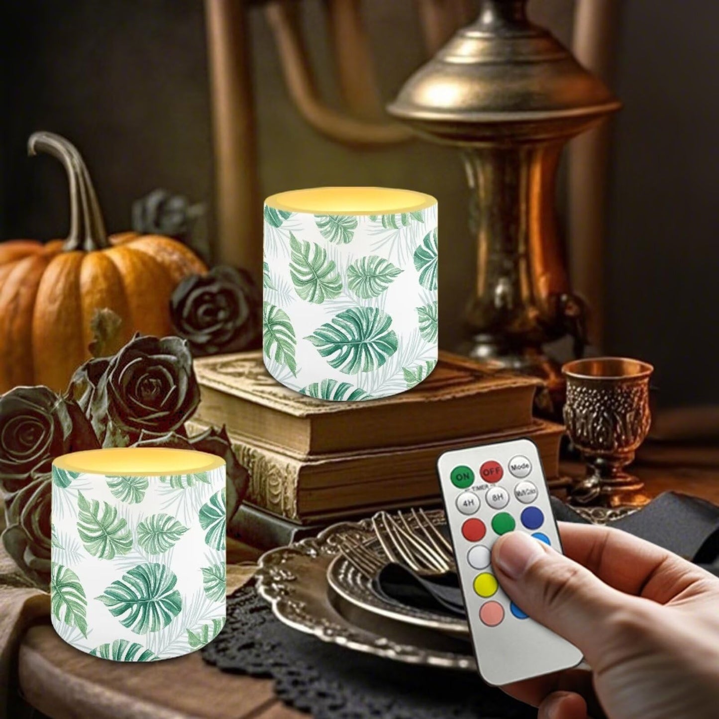 NETILGEN 3 inch Realistic Flickering Flameless Candles with Timer Remote Control 4 Packs LED Battery Powered Candles for Home Decoration Tropical Palm Leaf Print