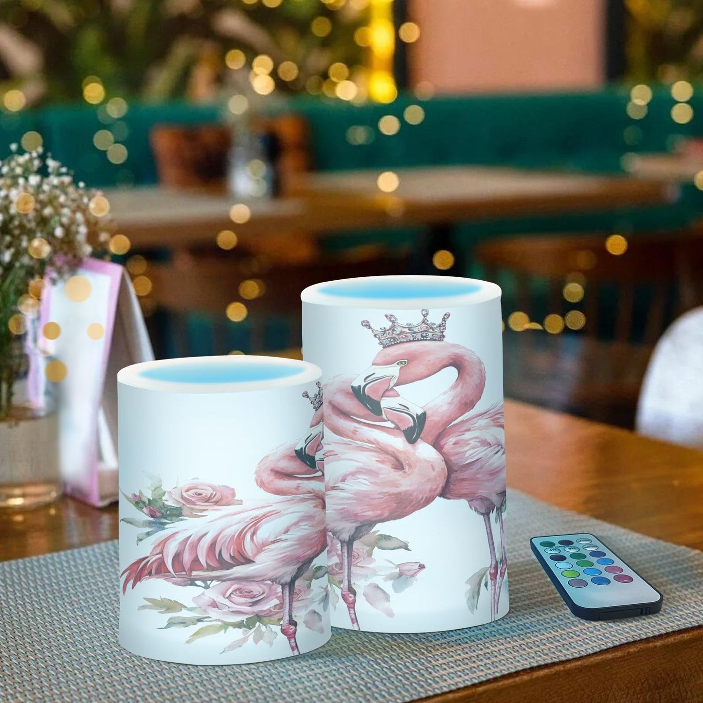 ALAZA Flickering Flameless Candles Flamingo Bird Rose Flower Battery Operated Candles with Remote Timer LED Pillar Votive Candles Set of 2 for Holiday Decor