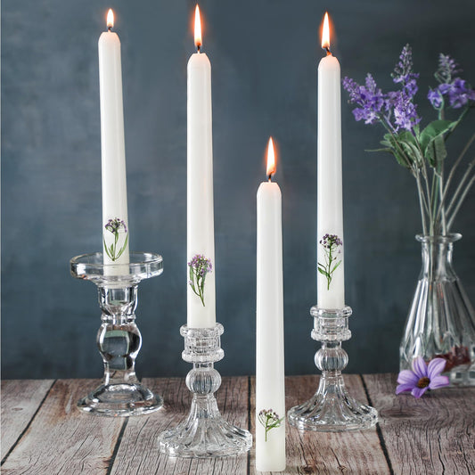 Threlaco 4 Pcs Flower Taper Candles Real Dried Pressed Purple Tapered Plants Candlesticks Unscented 7.8 Inch White Pastel Taper Candles for Baptismal Wedding Bridal Shower Party(4 Pcs,Dried Flower)