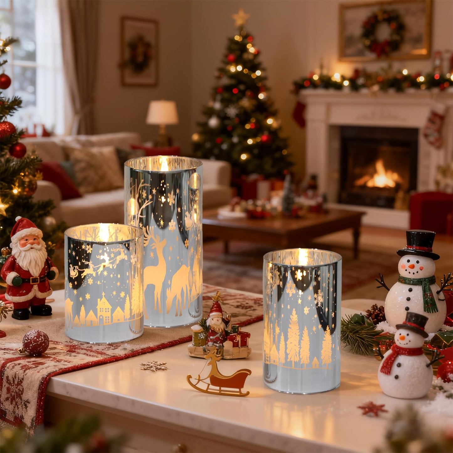 DRomance Christmas Flameless Candles Battery Operated with 10-Key Remote and Timer 3D Wick Flickering Electroplating Glass Reindeer LED Candles Indoor Holiday Decorations(Silver, 3" D x 4", 5", 6" H)