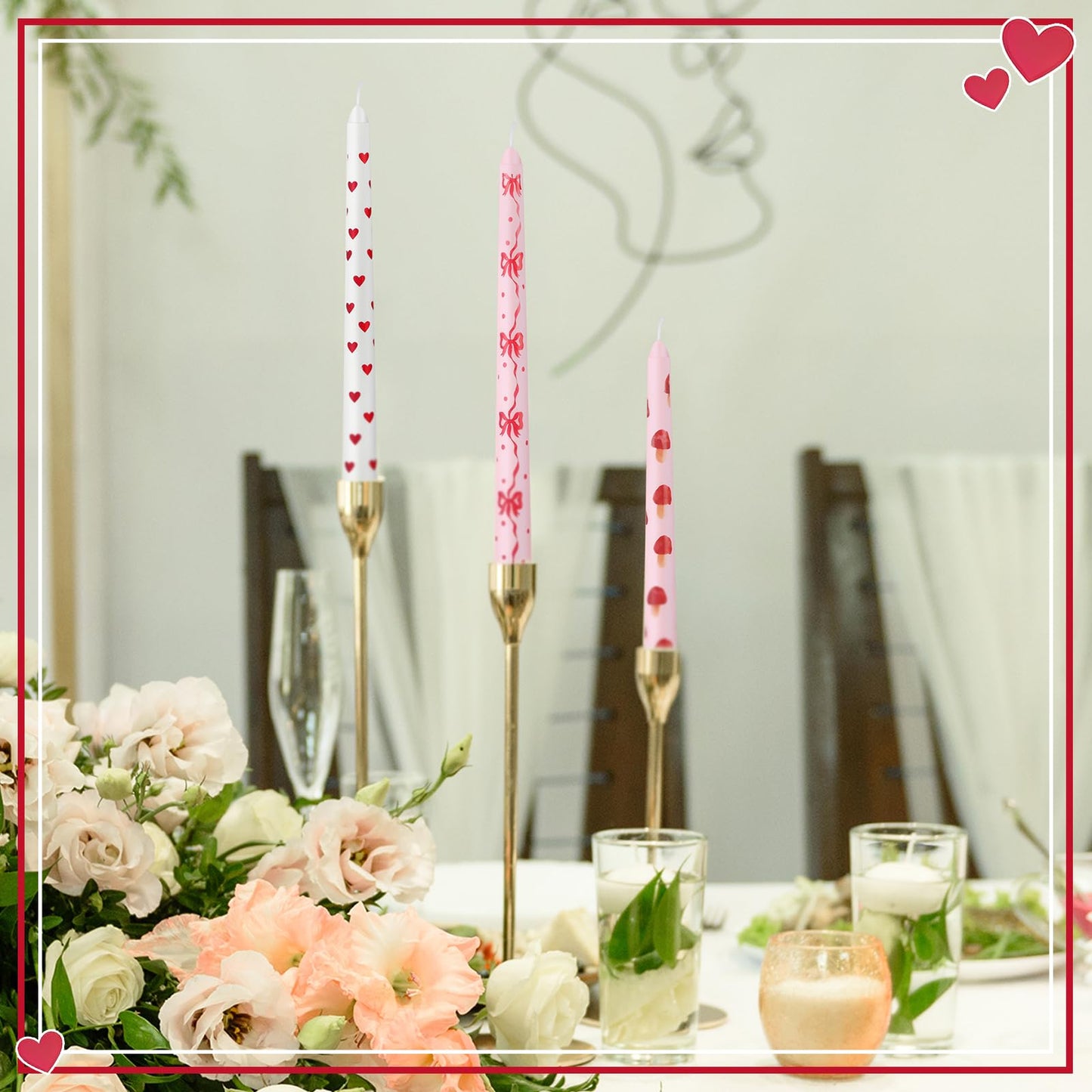 Nuanchu 12 Pcs Galentine's Day Taper Candles Valentines Heart Bow Pink Spiral Candle Sticks Real Wax for Valentines Day Bridal Shower Wedding Anniversary Birthday Dinner Table Home Decor