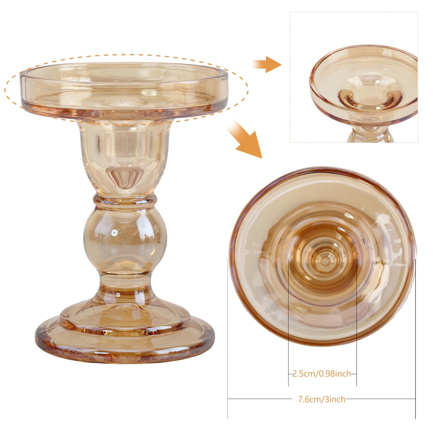 ViViTOP Glass Candle Holder Set of 4, Amber Candlestick Holders for Pillar Candles, 4.5" H, Candle Stand Decorations for Living Room