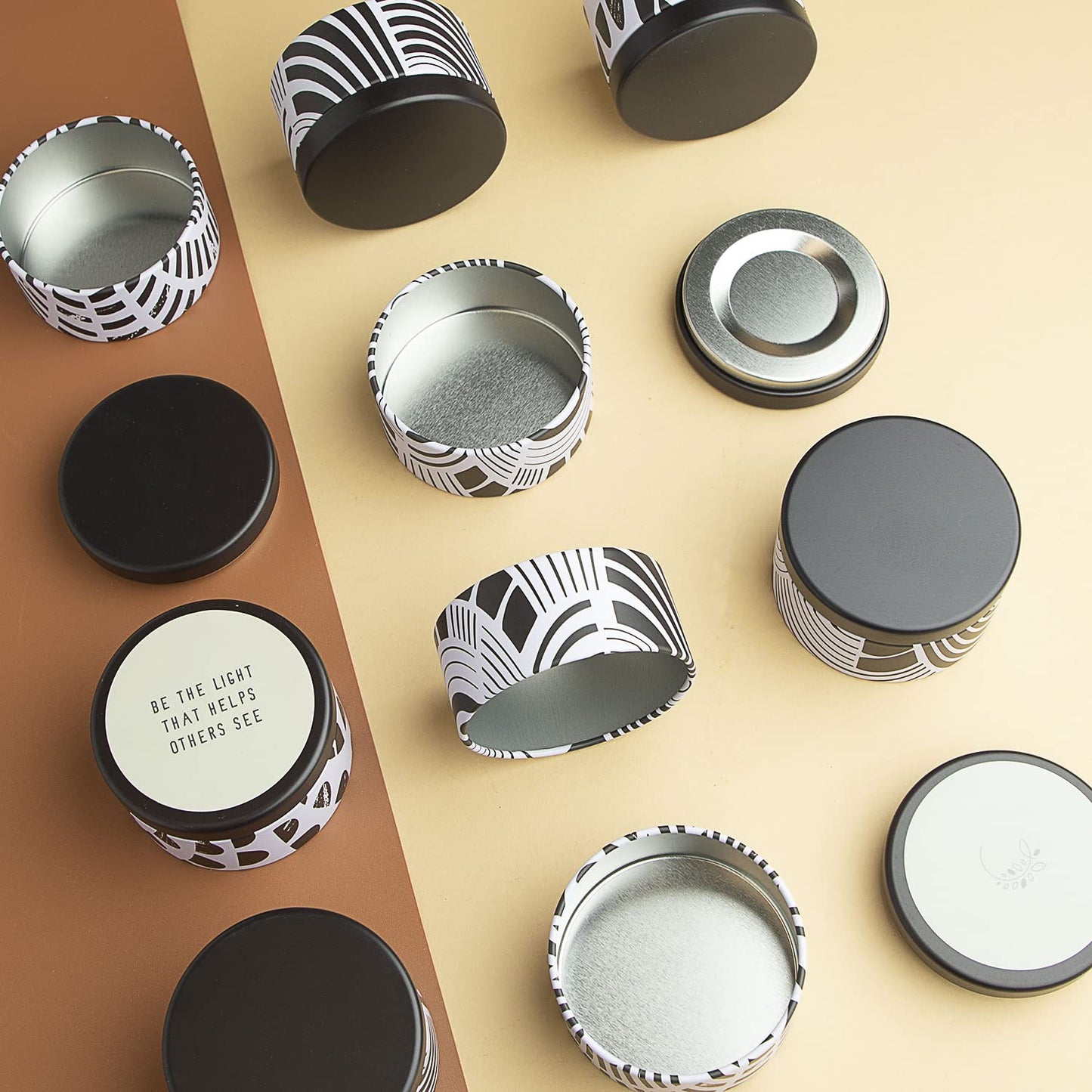 Hearth & Harbor Tin Candle Jars for Making Candles - DIY Candle Containers with Lids - Metal Candle Jars - Bulk Tins Storage for Candle (12, Black and White Abstract)