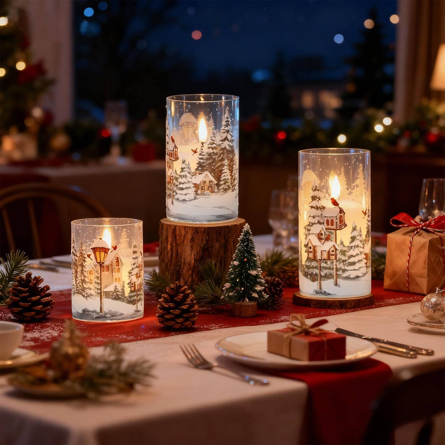 Wondise Red Bird Glass Flameless Candles with Remote Timer, Battery Operated Real Wax 3D Wick LED Flickering Pillar Candles for Christmas Decoration Thanksgiving Holiday Gift