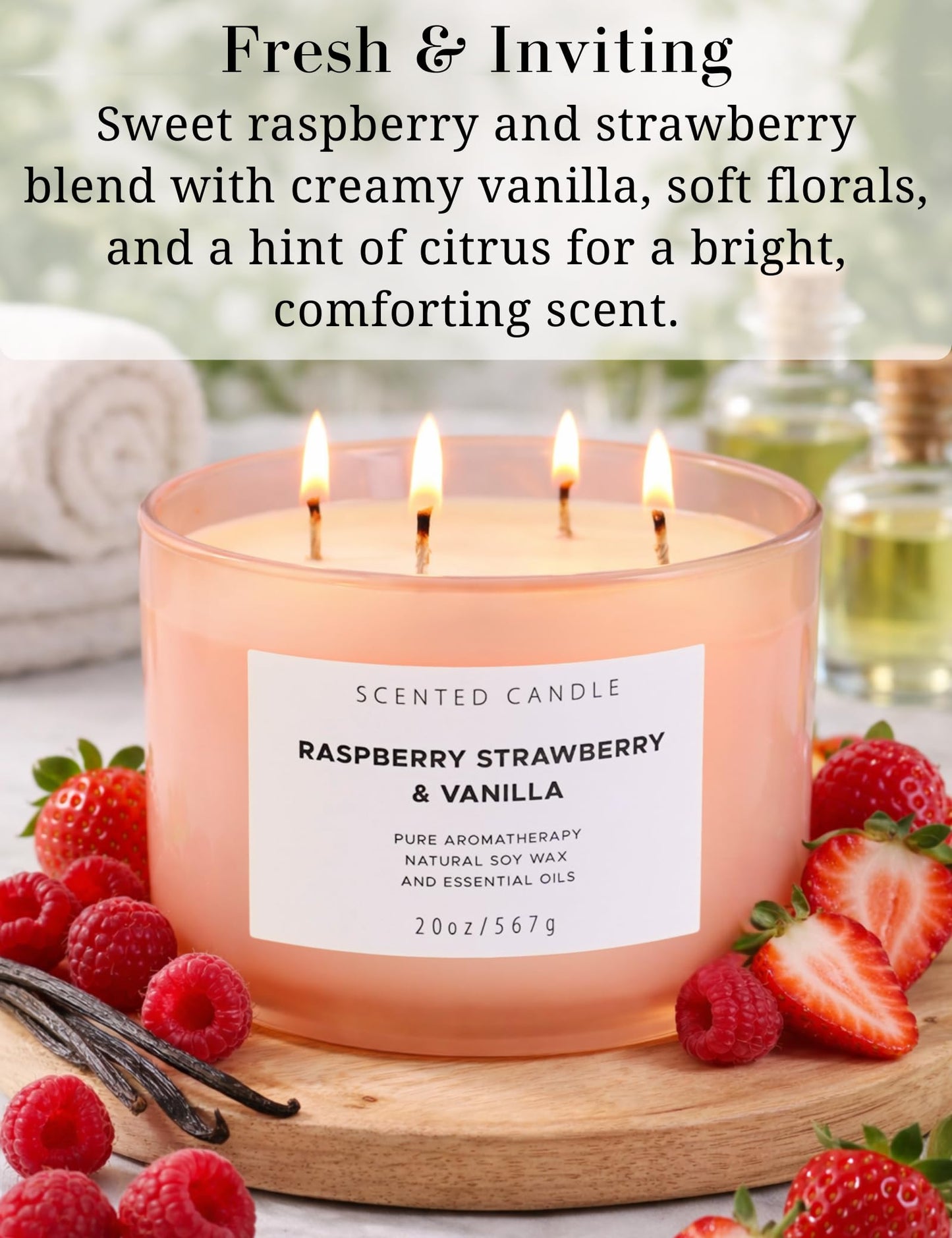 Raspberry Strawberry Vanilla Scented Candle | 4 Wick Extra Large Soy Candle 20 oz | Strong Scented Fruity Aromatherapy Candle for Women | Sweet Berry Vanilla Home Scent | Long Lasting Clean Burn