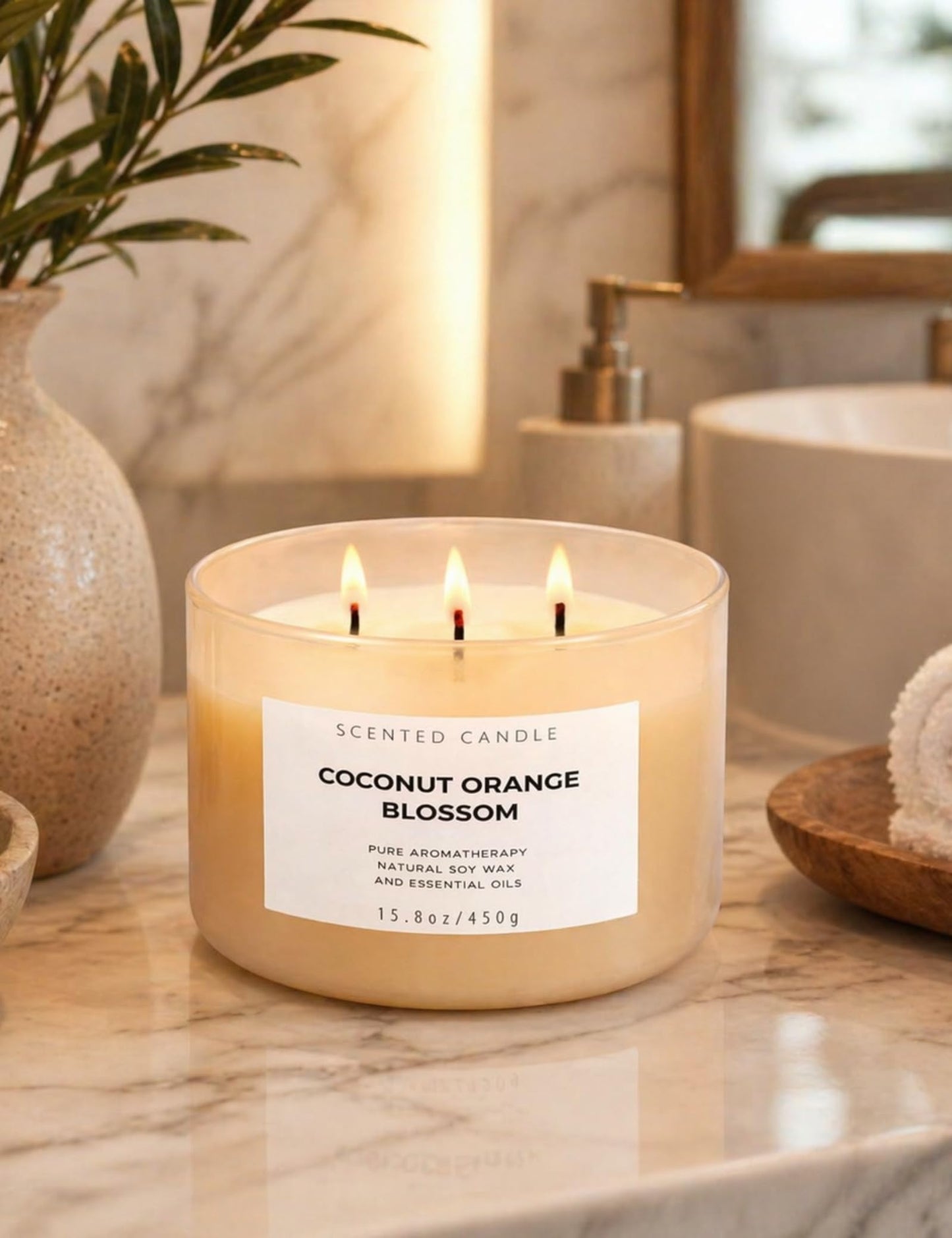 Coconut Orange Blossom Candle | 3-Wick Large Soy Candle 15.8 oz | Creamy Tropical Citrus Floral Scented Candles for Home | Strong Throw, Clean Burn Long Lasting | Aromatherapy Gift for Women