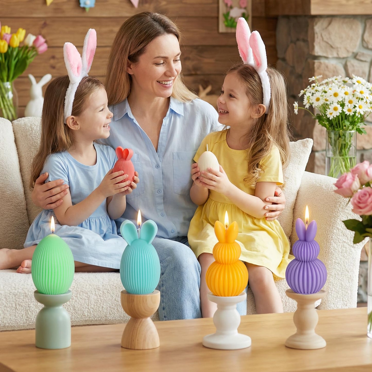 Lanpn 6 Pcs Easter Bunny & Egg Candles Gift Set, Mini Rabbit & Egg Shaped Votive Tea Lights, Easter Flower & Fruit Scented Candles, Spring Party Holiday Decor Home Table Centerpiece, Macaron Color