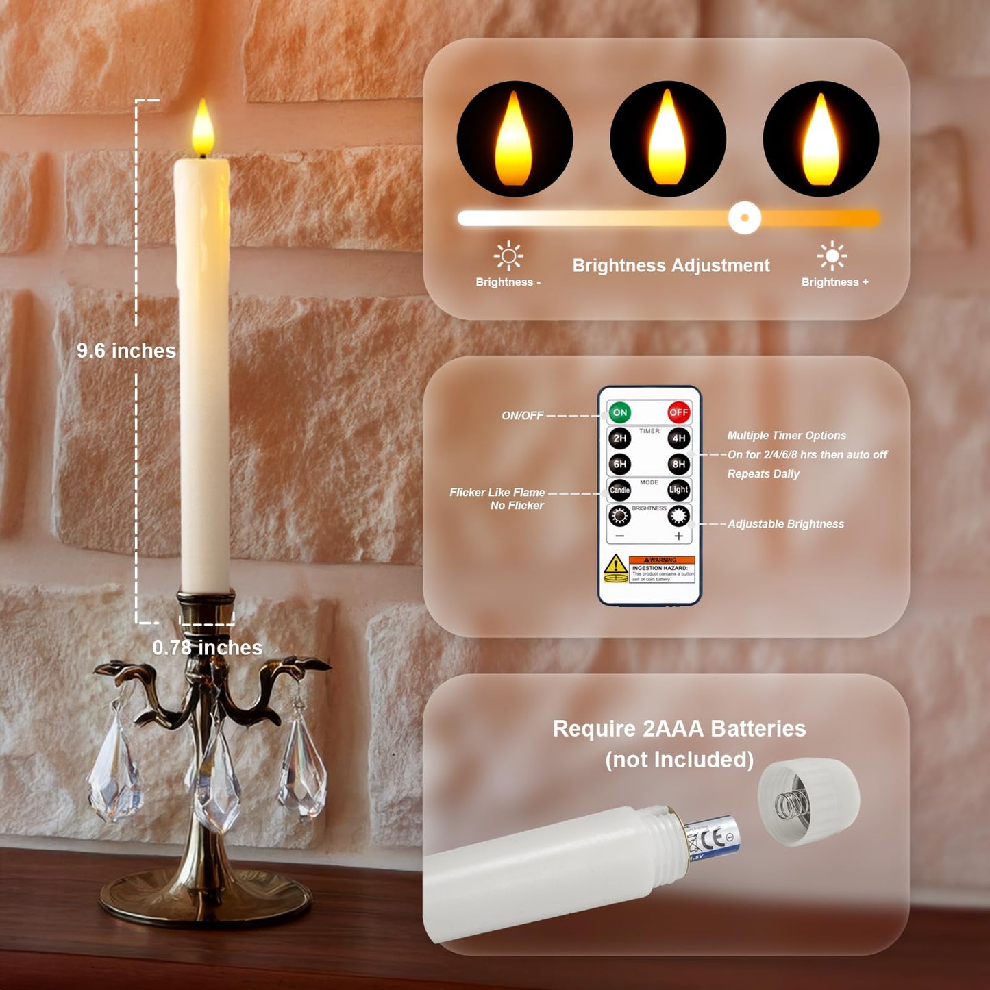 Homemory Real Wax LED Flameless Taper Candles with Timer, Dripless Fake Candlesticks with 3D Flickering Flame, 9.6 Inches White Window Candle for Fireplace Christmas Halloween