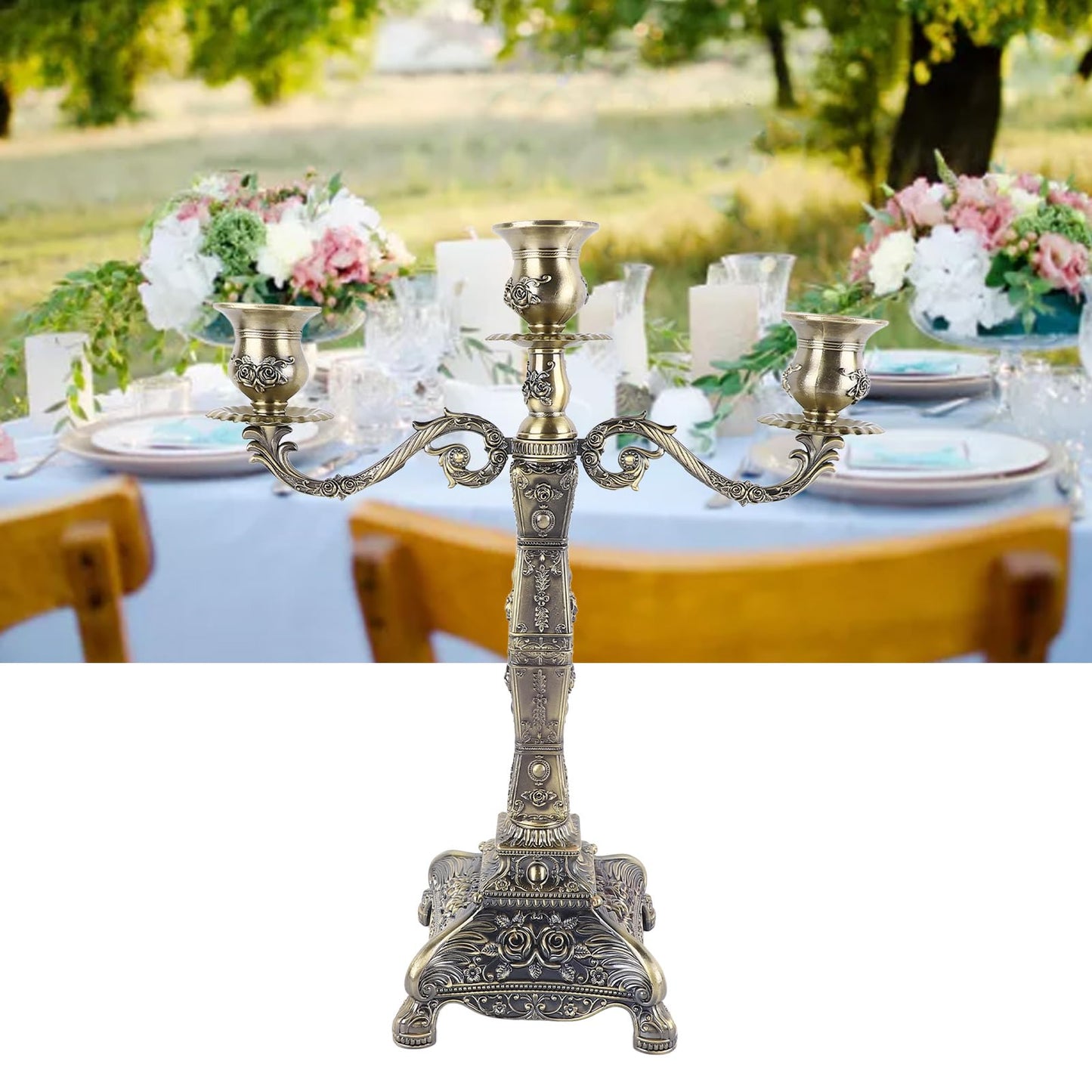 Tyenaza Metal Candelabra, European Style Retro Candlestick Holder Romantic Candle Holder Decoration Elegant Candle Stand for Wedding Dining Table Christmas Party Home Decoration (Bronze - 3 Heads)
