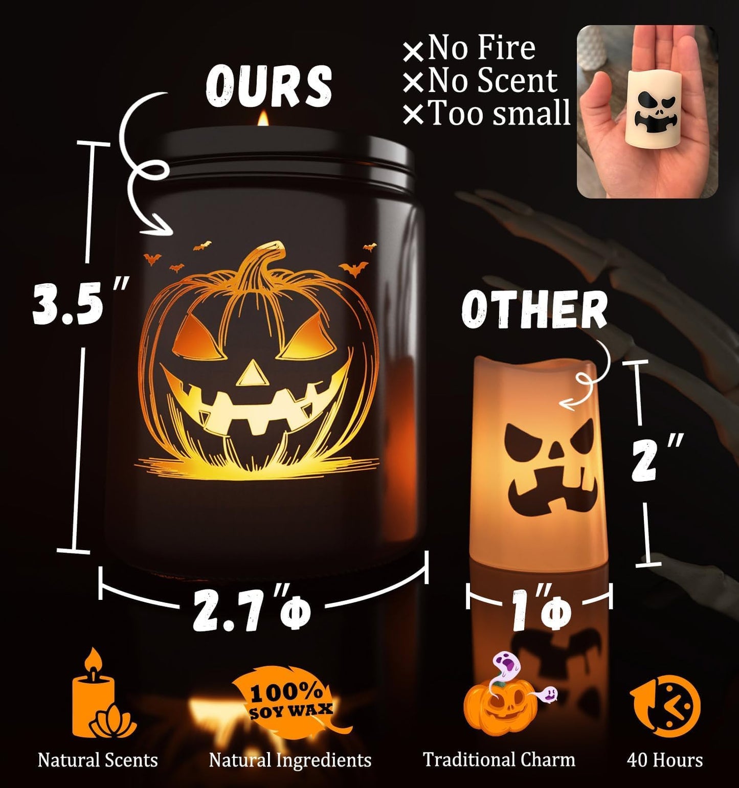 Halloween Decor Indoor-Halloween Gifts Candles for Women with LED Pumpkin Face,Fall Candles with Pumpkin Spice Scent Over 40 Hours of Burn Time, Gift for Home Fall Decorations Indoor, 100% Soy Wax