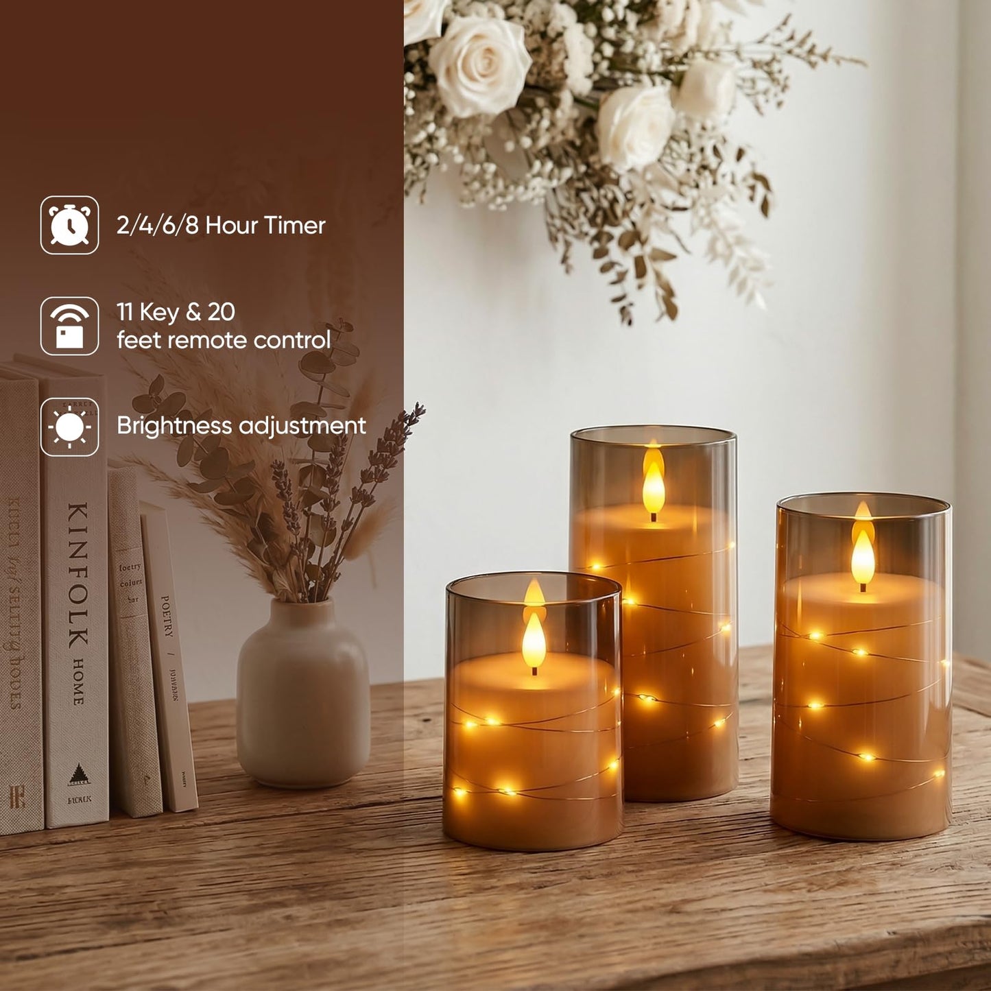 Amagic Grey Battery Operated Candles with Embedded Fairy Lights, Acrylic Fake Pillar LED Flameless Candles with Remote and Timer for Wedding Home Decor, Set of 6, D3 x H4 5" 6"