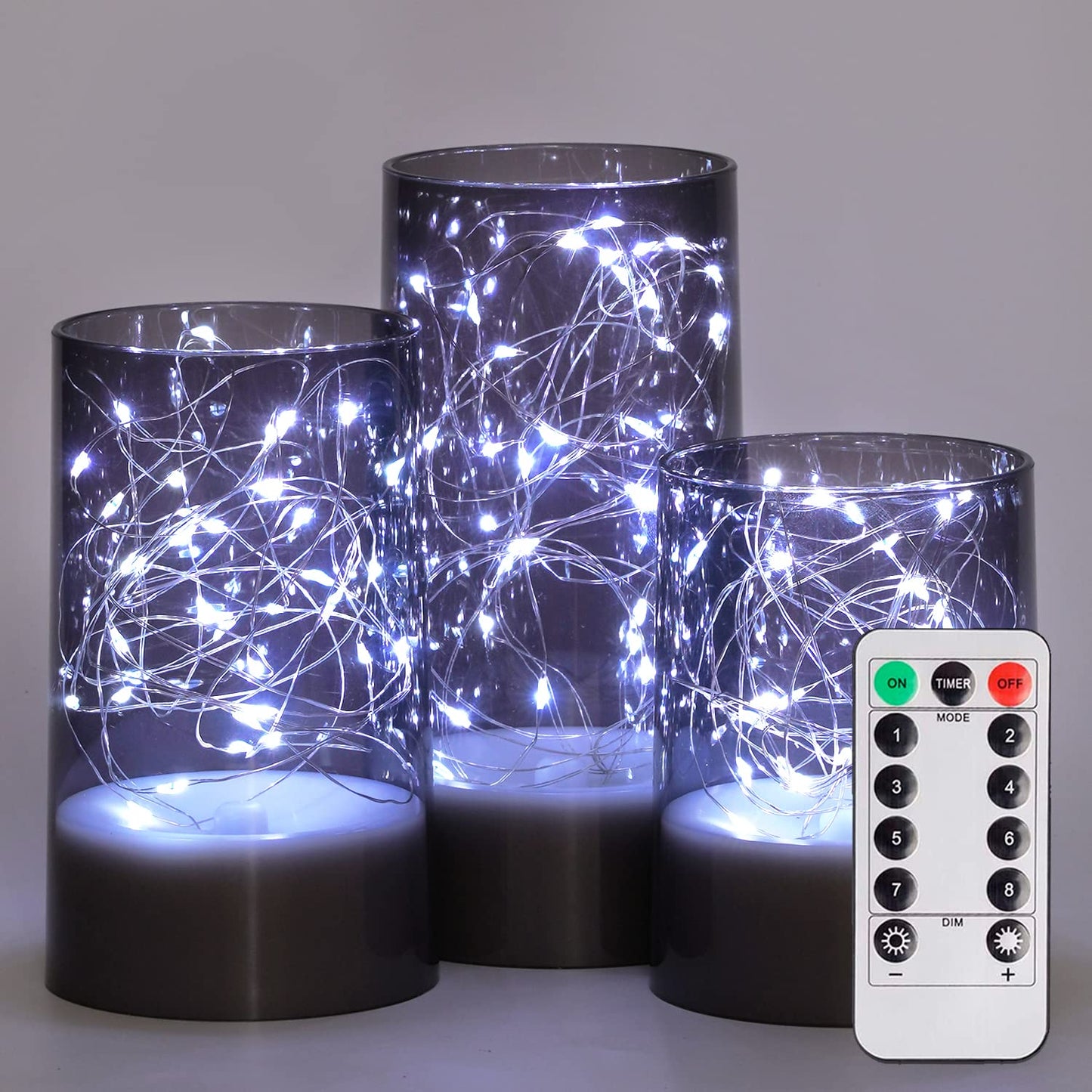 Homemory Flickering Flameless Candles with Remote, Embedded String Lights in Acylinder Vase, Battery Operated Fake Candles, Gray LED Candles with Timer for Home Decor, 8 Mode Lights, Set of 3