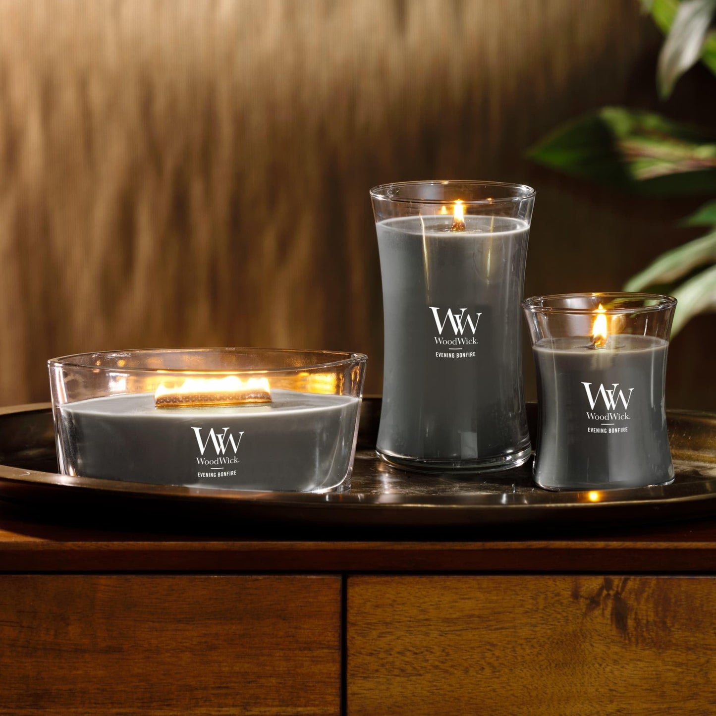 WoodWick Evening Bonfire Holiday Candle Gifts for Women and Men, 9.7 oz Medium Hourglass Candle with Crackling Wick