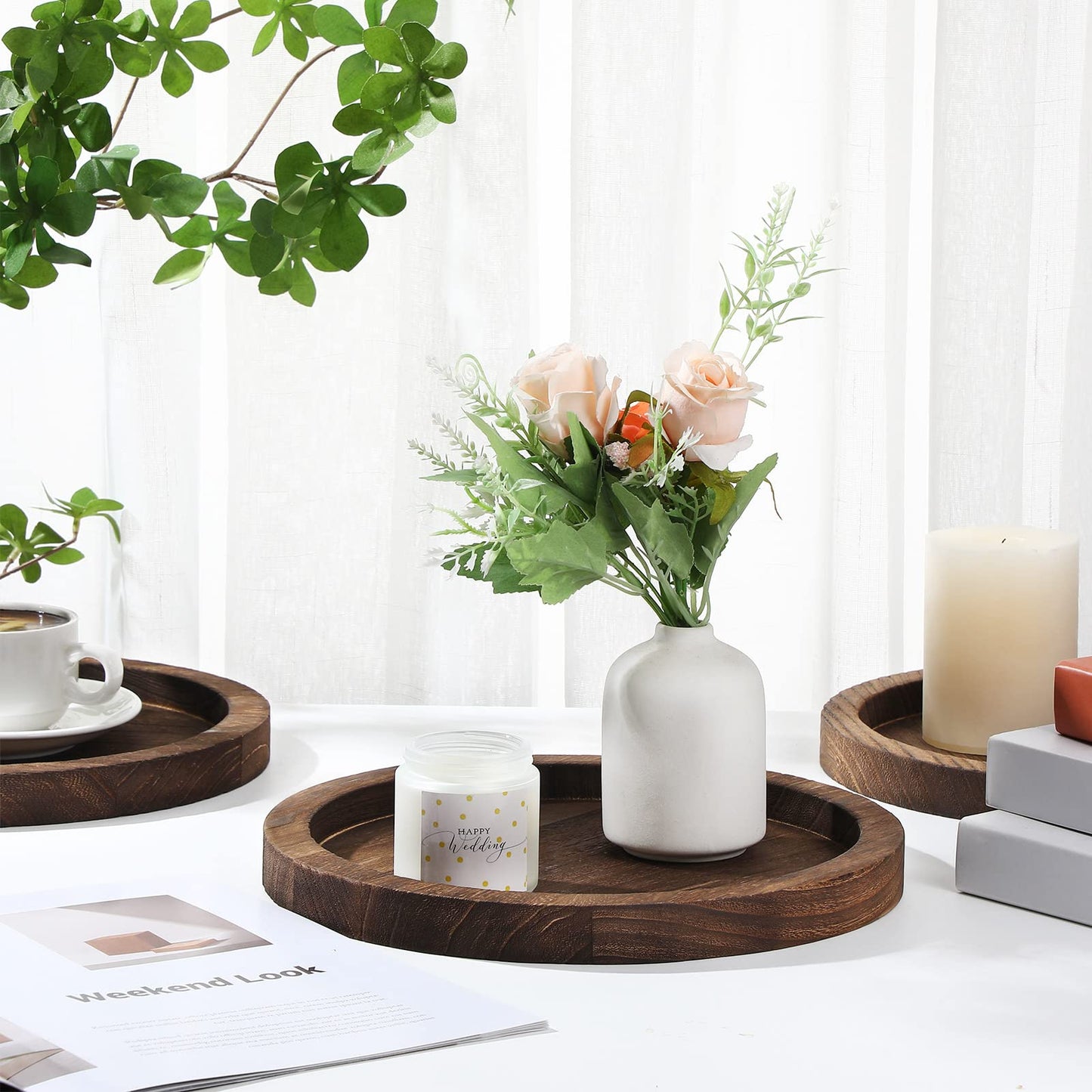 Sintuff 6 Pcs Rustic Wood Decorative Tray Round Wooden Serving Farmhouse Tray Decorative Candle Holder Serving for Kitchen Centerpiece Home Decor(Brown)