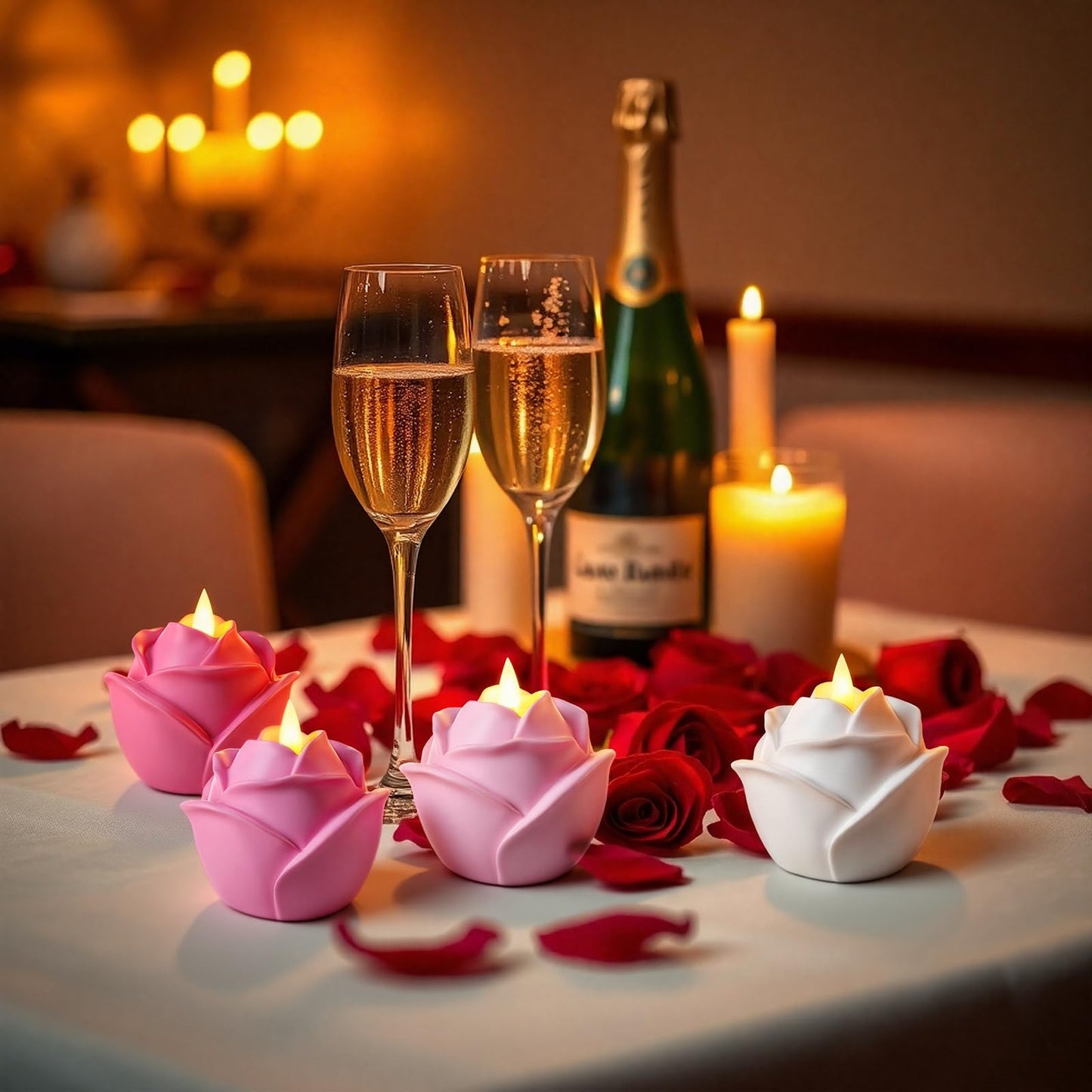 Bucherry 4 Pcs Rose Flameless Candle Light 3.5" LED Resin Pink Rose Flower Tealight Candle Battery Operated Rosebud Flickering Tea Light for Wedding Party Teacher Gifts Home Table Decor
