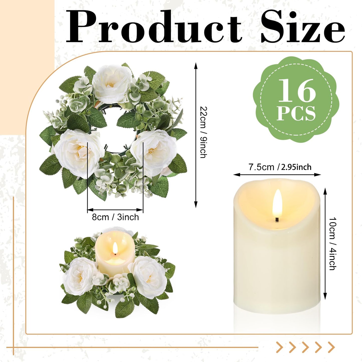 Yunlly 16 Set Rose Candle Rings Wreaths 3 Inch Center with Flameless LED Candles Artificial Rose Light Garland Fake Electric Votive Tealights Bulk Funeral Wedding Table Centerpieces Decor(White)